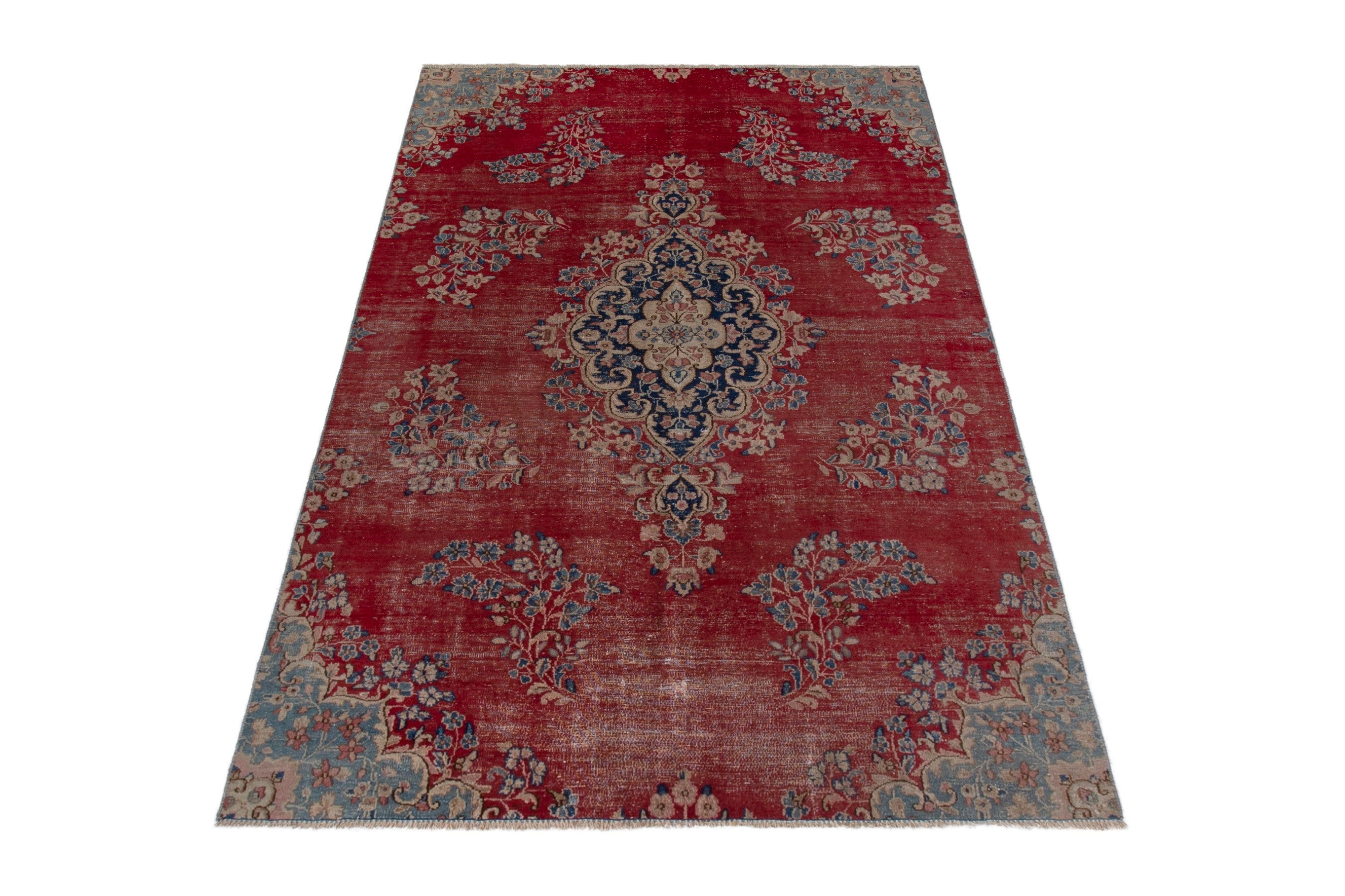 Persian Kerman area rug in deep red and dusty blue, view 3 of 20