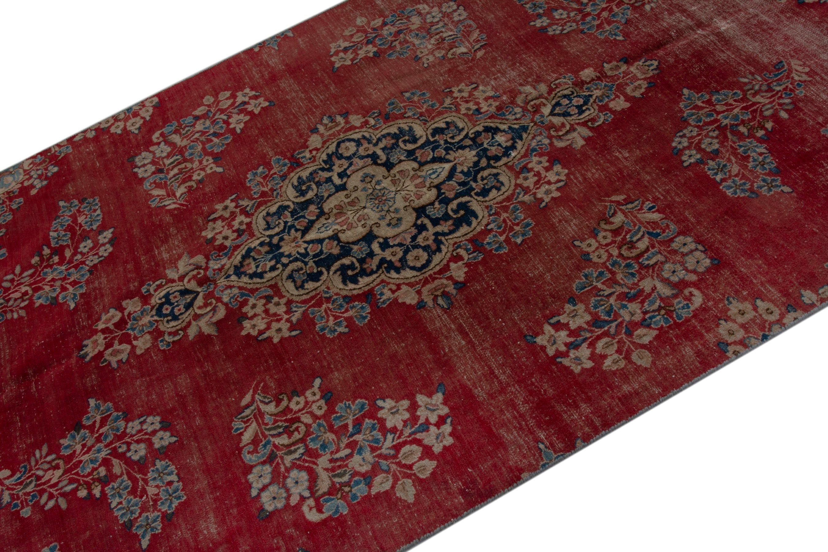 Persian Kerman area rug in deep red and dusty blue, view 4 of 20