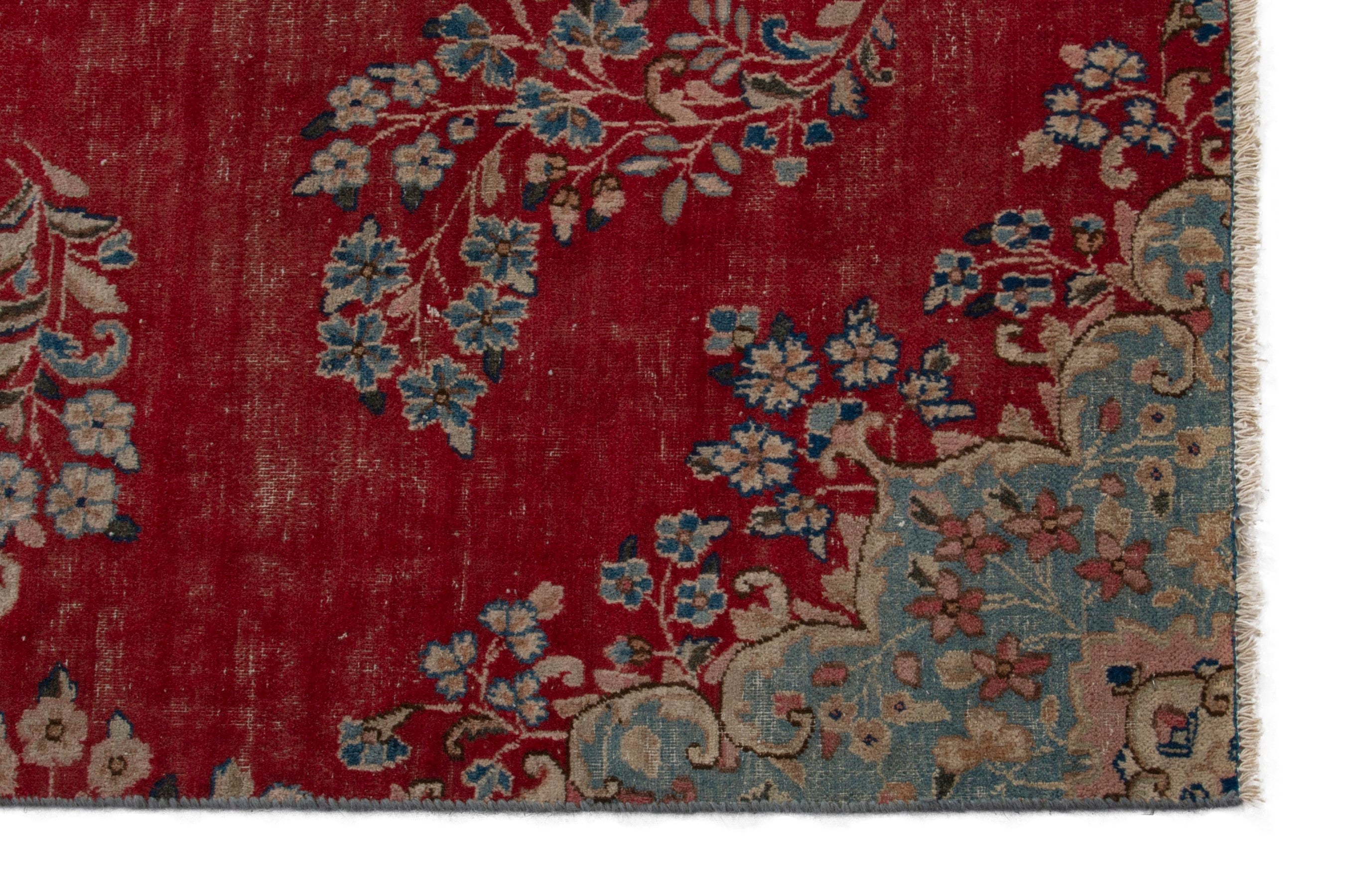 Persian Kerman area rug in deep red and dusty blue, view 5 of 20
