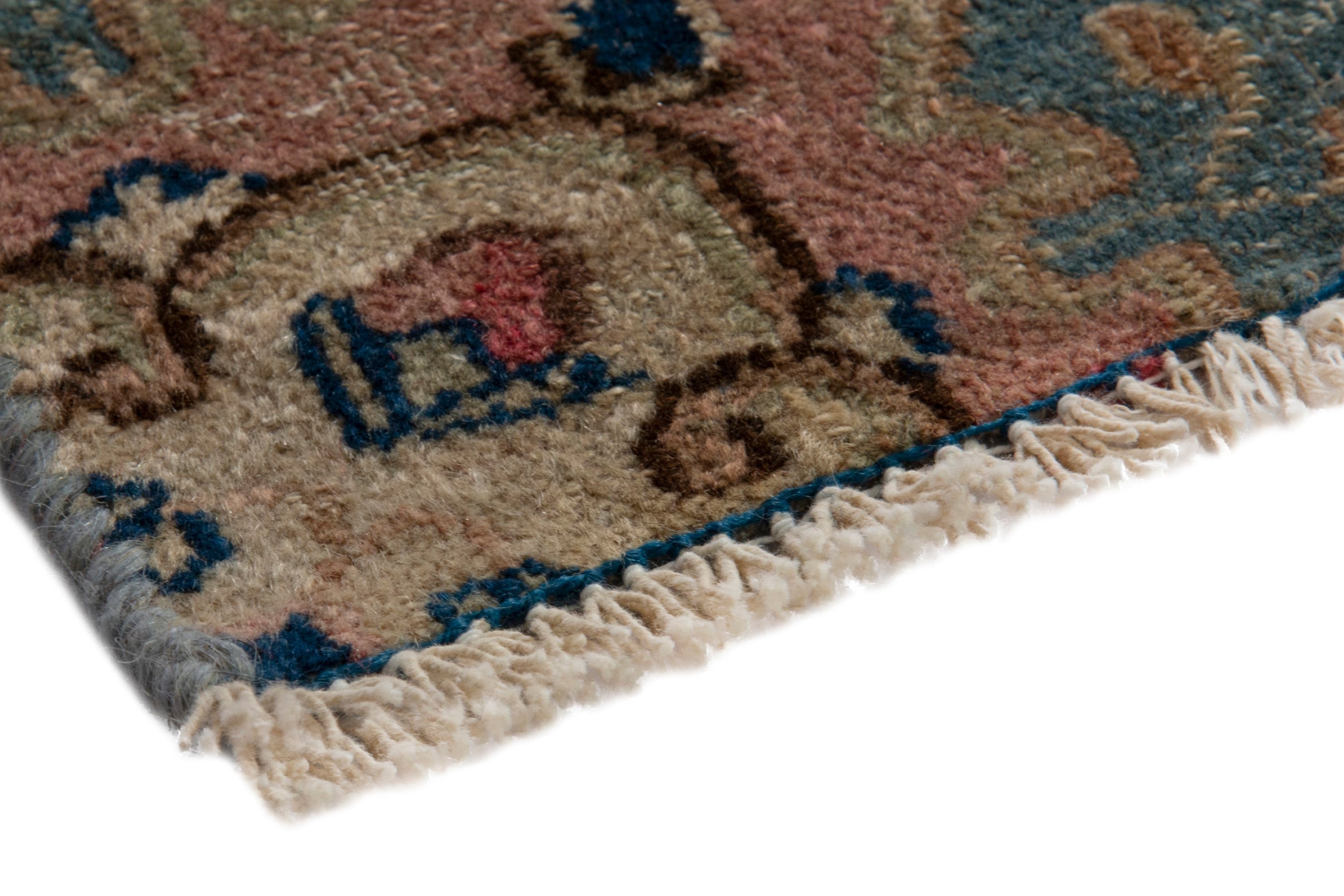 Persian Kerman area rug in deep red and dusty blue, view 6 of 20