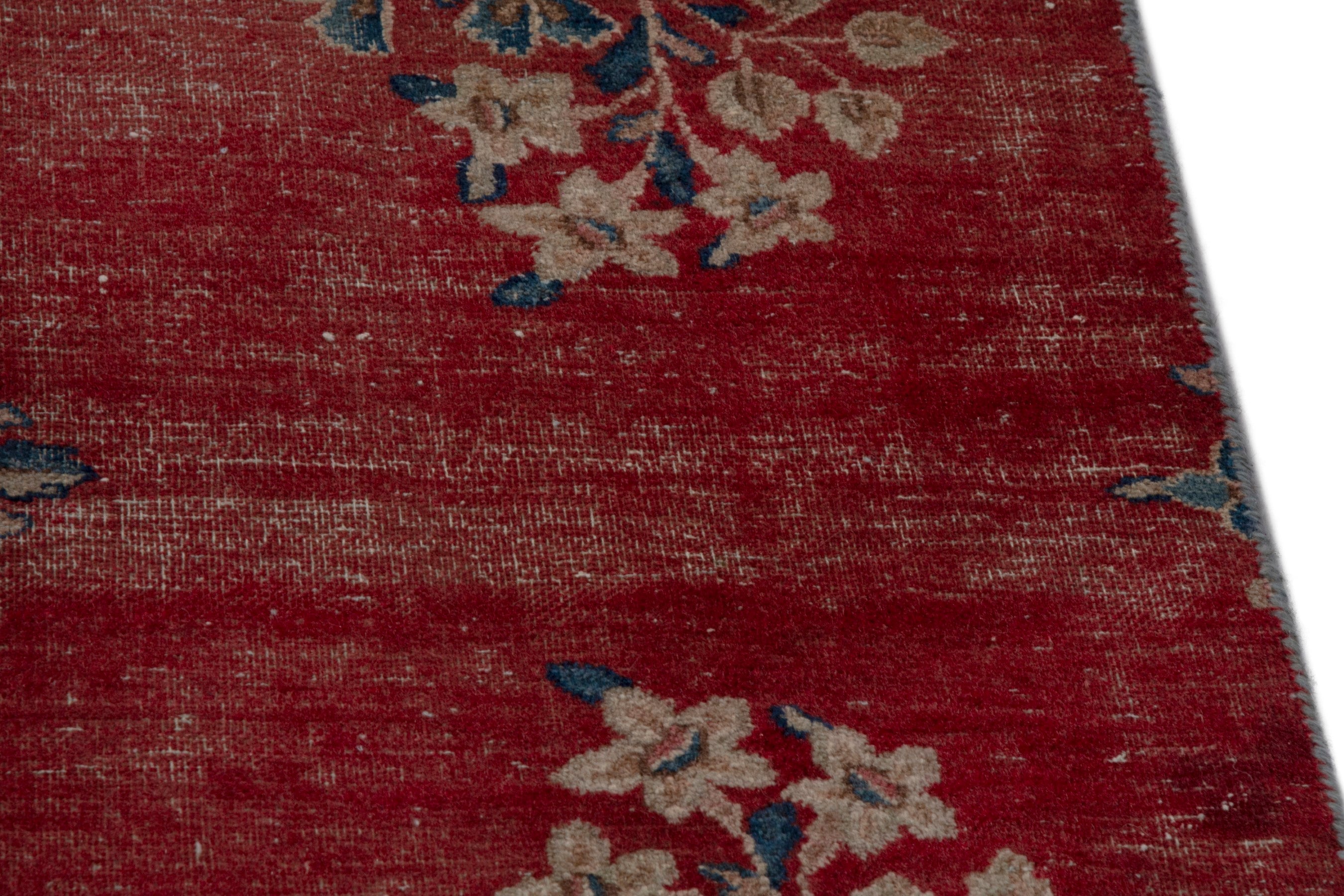 Persian Kerman area rug in deep red and dusty blue, view 7 of 20