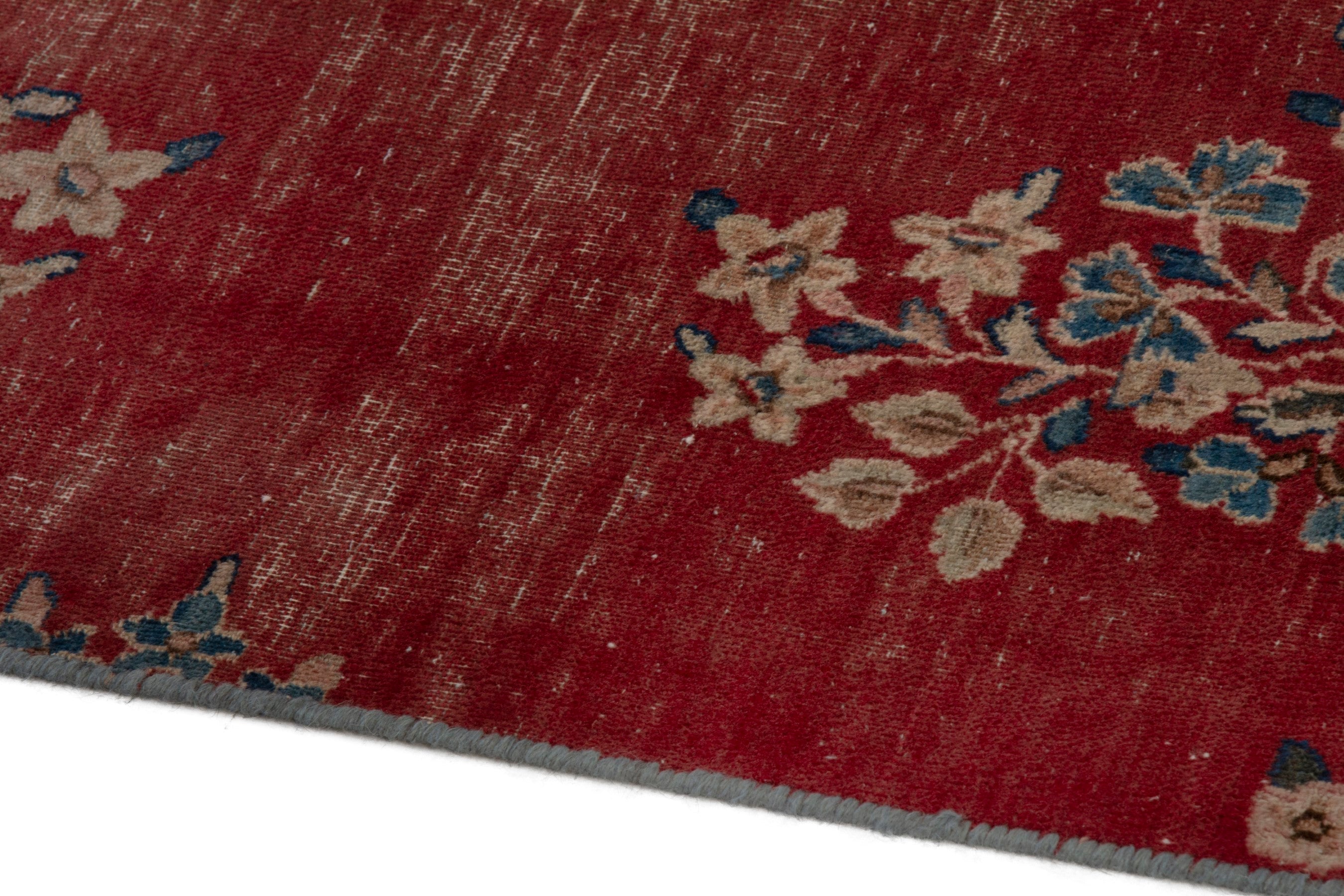 Persian Kerman area rug in deep red and dusty blue, view 8 of 20