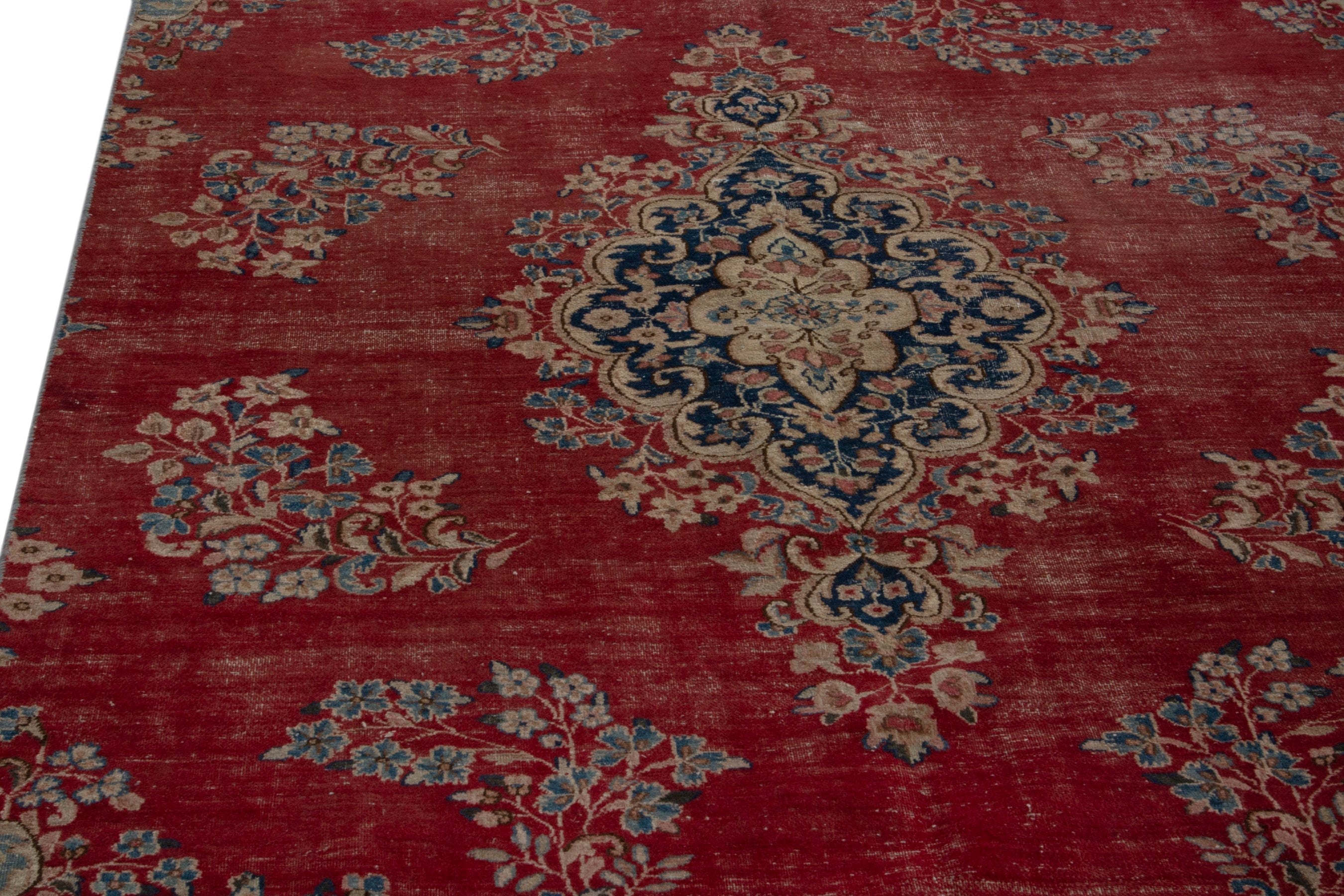 Persian Kerman area rug in deep red and dusty blue, view 9 of 20