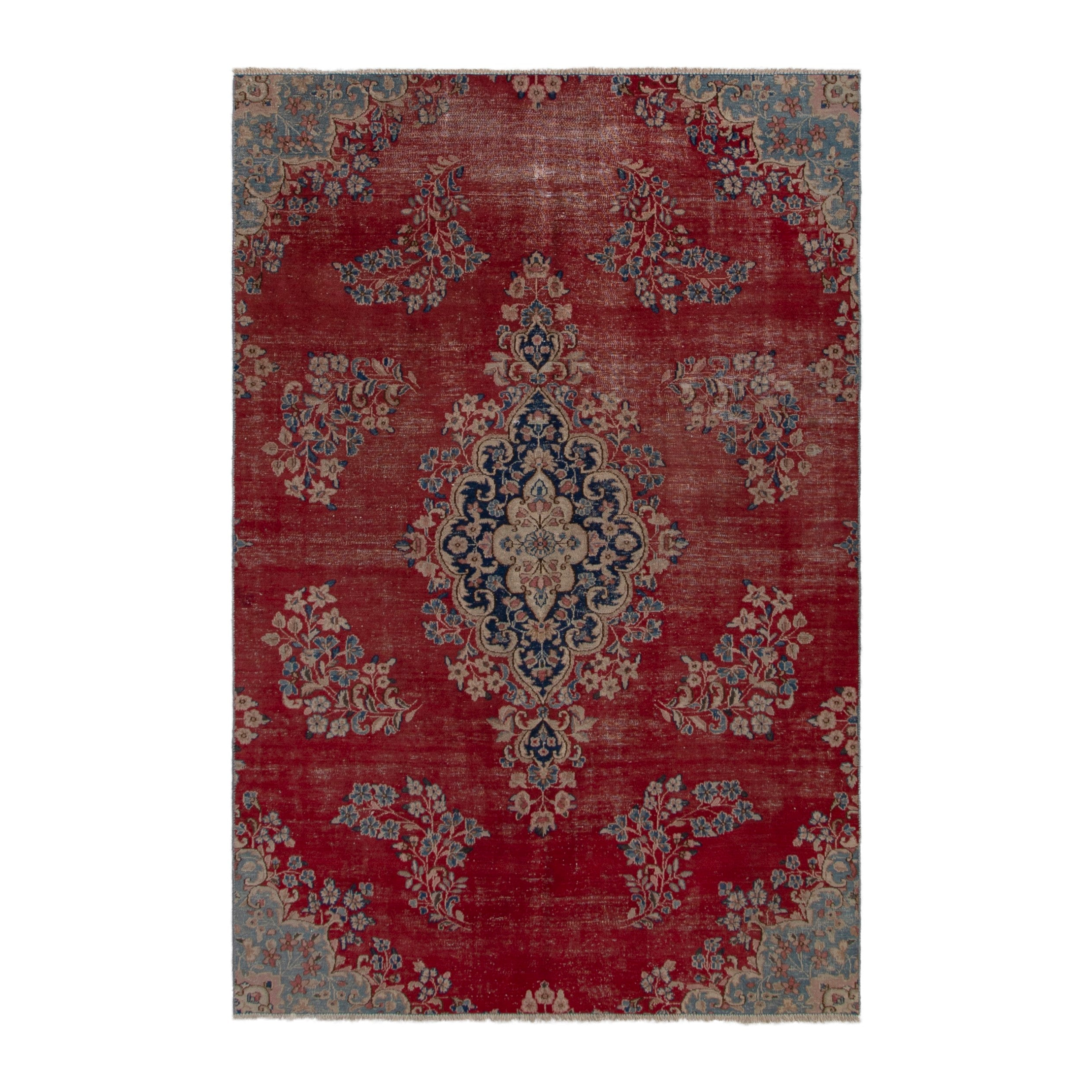 Persian Kerman area rug in deep red and dusty blue, 5'1" x 7'9"