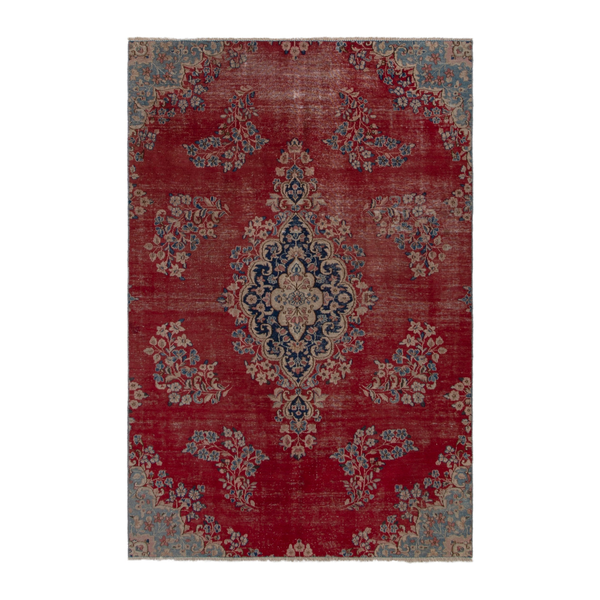 Persian Kerman area rug in deep red and dusty blue, 5'1" x 7'9"