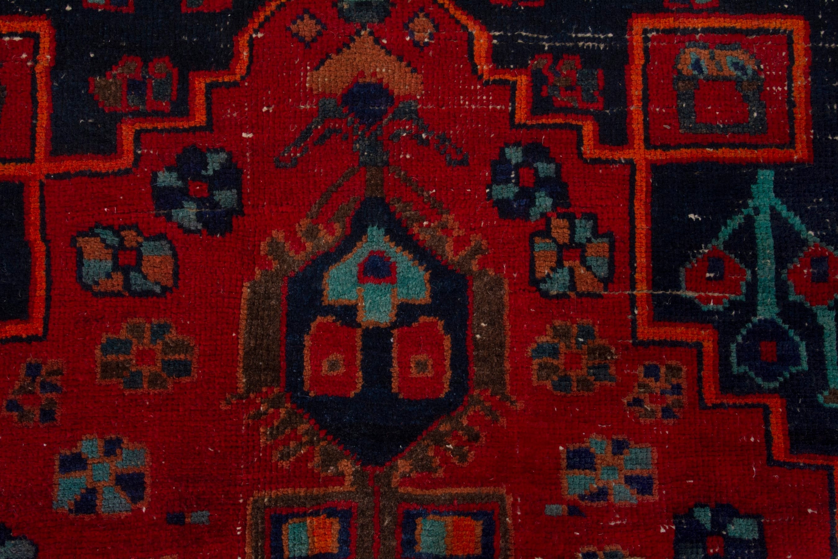 Persian Lori area rug in deep red and dark teal, view 15 of 19