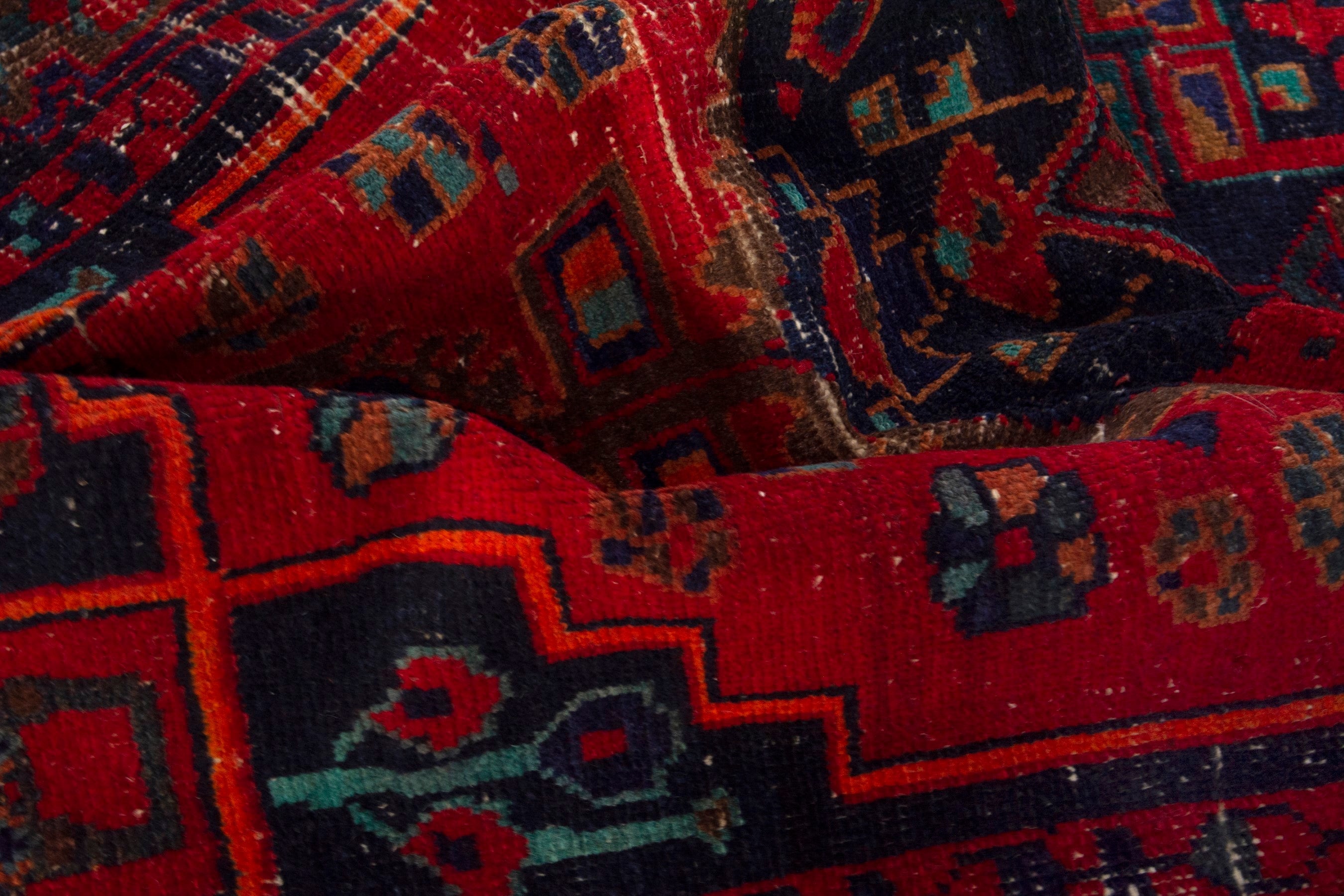 Persian Lori area rug in deep red and dark teal, view 18 of 19