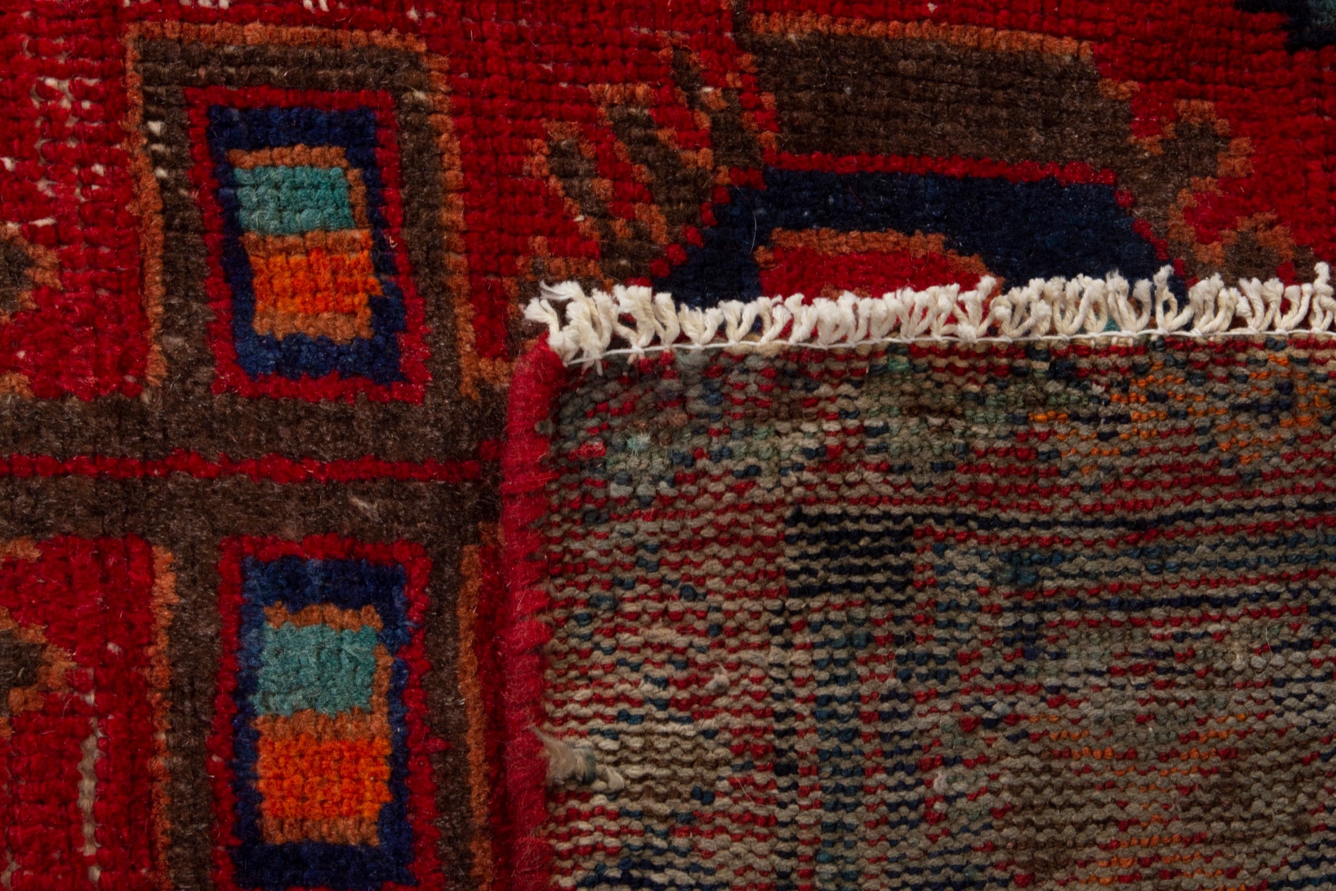 Persian Lori area rug in deep red and dark teal, view 19 of 19