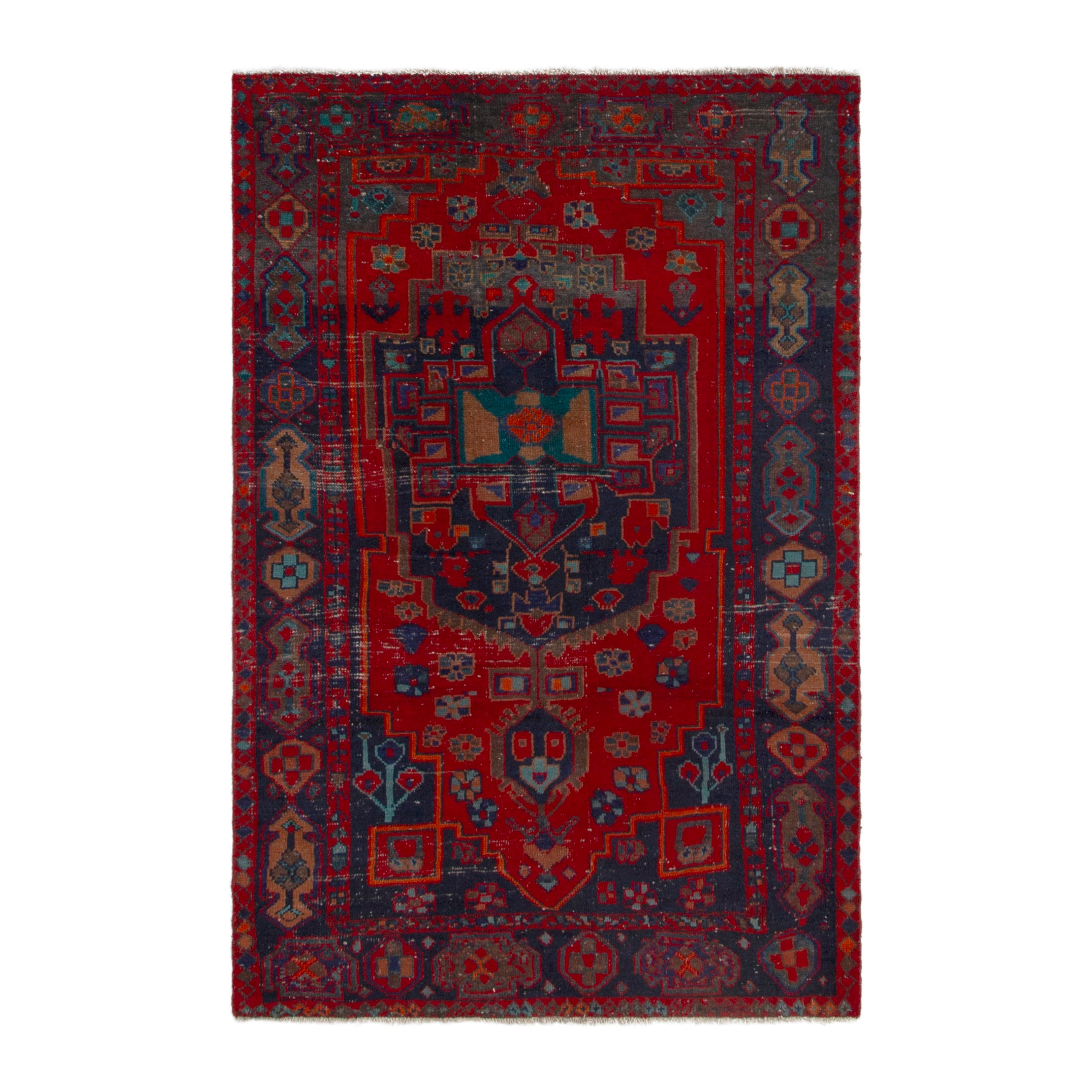 Persian Lori area rug in deep red and dark teal, 4'11" x 7'5"