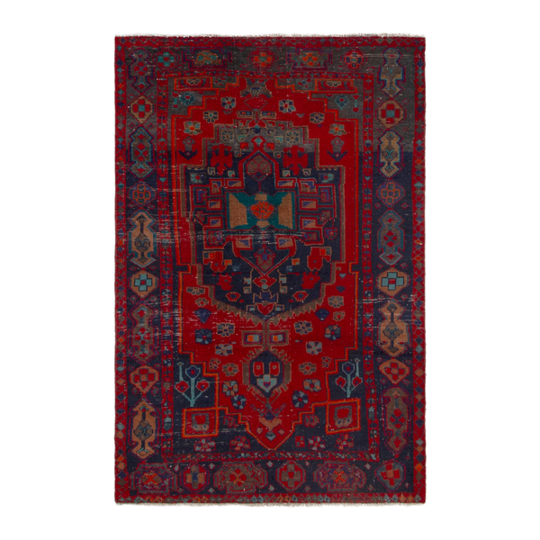 Persian Lori area rug in deep red and dark teal, 4'11" x 7'5"