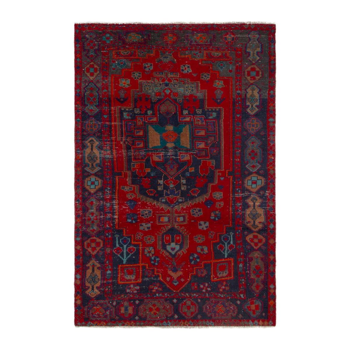 Persian Lori area rug in deep red and dark teal, 4'11" x 7'5"