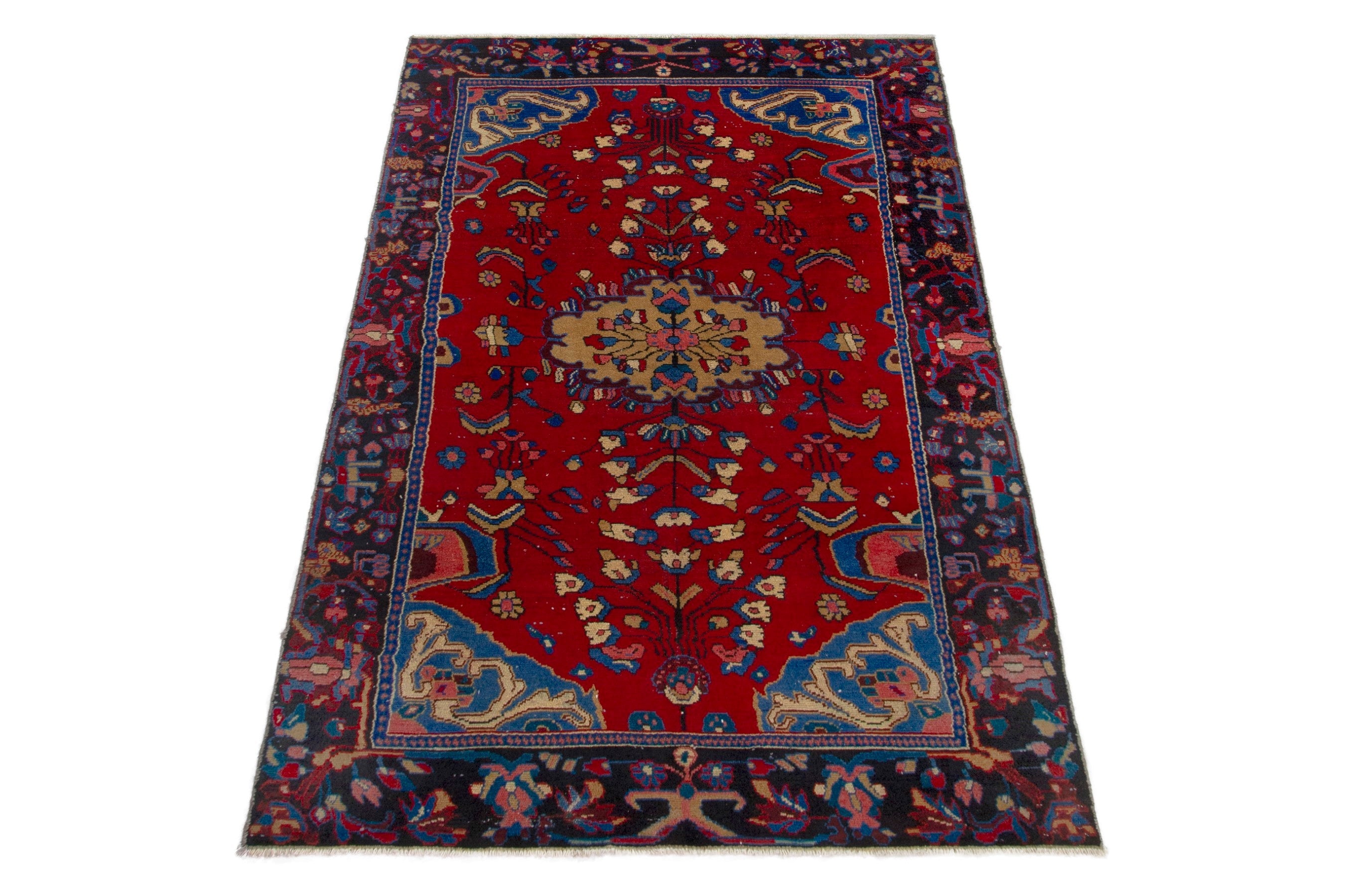 Persian Hamedan area rug in deep red and navy, view 2 of 19