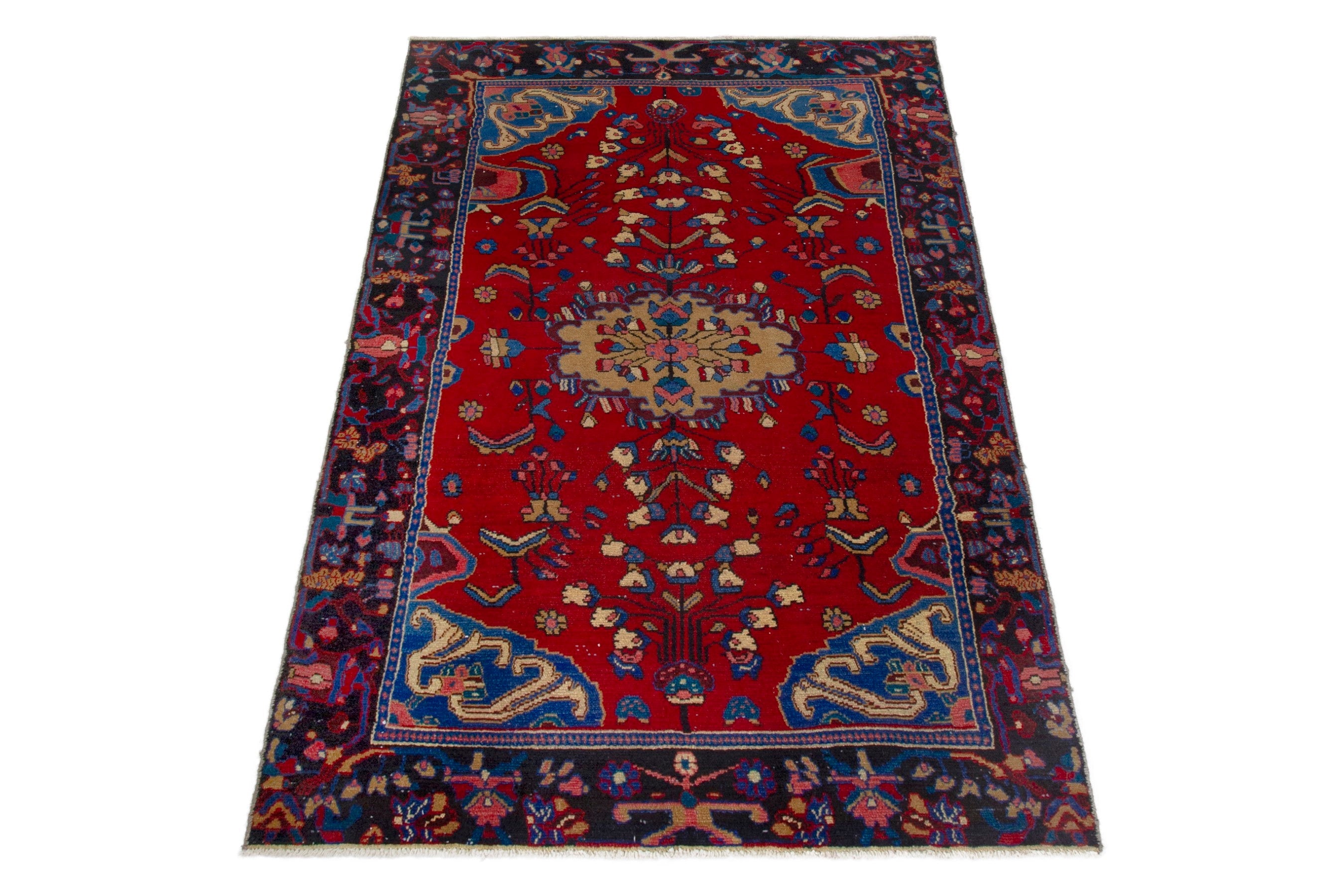 Persian Hamedan area rug in deep red and navy, view 3 of 19