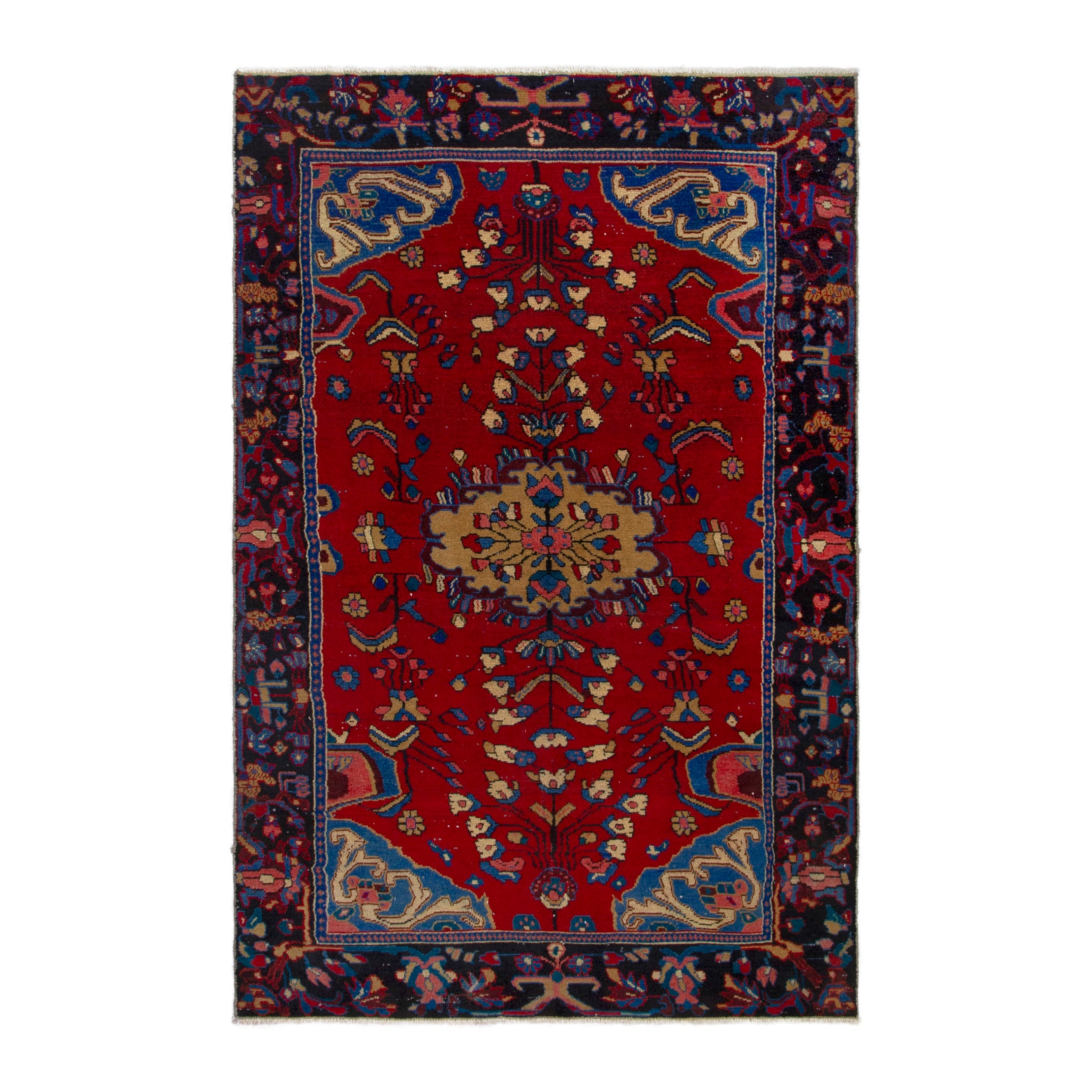 Persian Hamedan area rug in deep red and navy, 6'2" x 8'11"