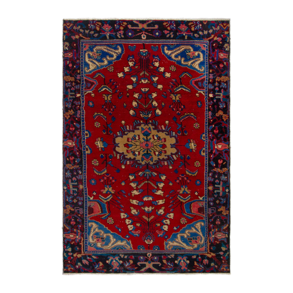 Persian Hamedan area rug in deep red and navy, 6'2" x 8'11"