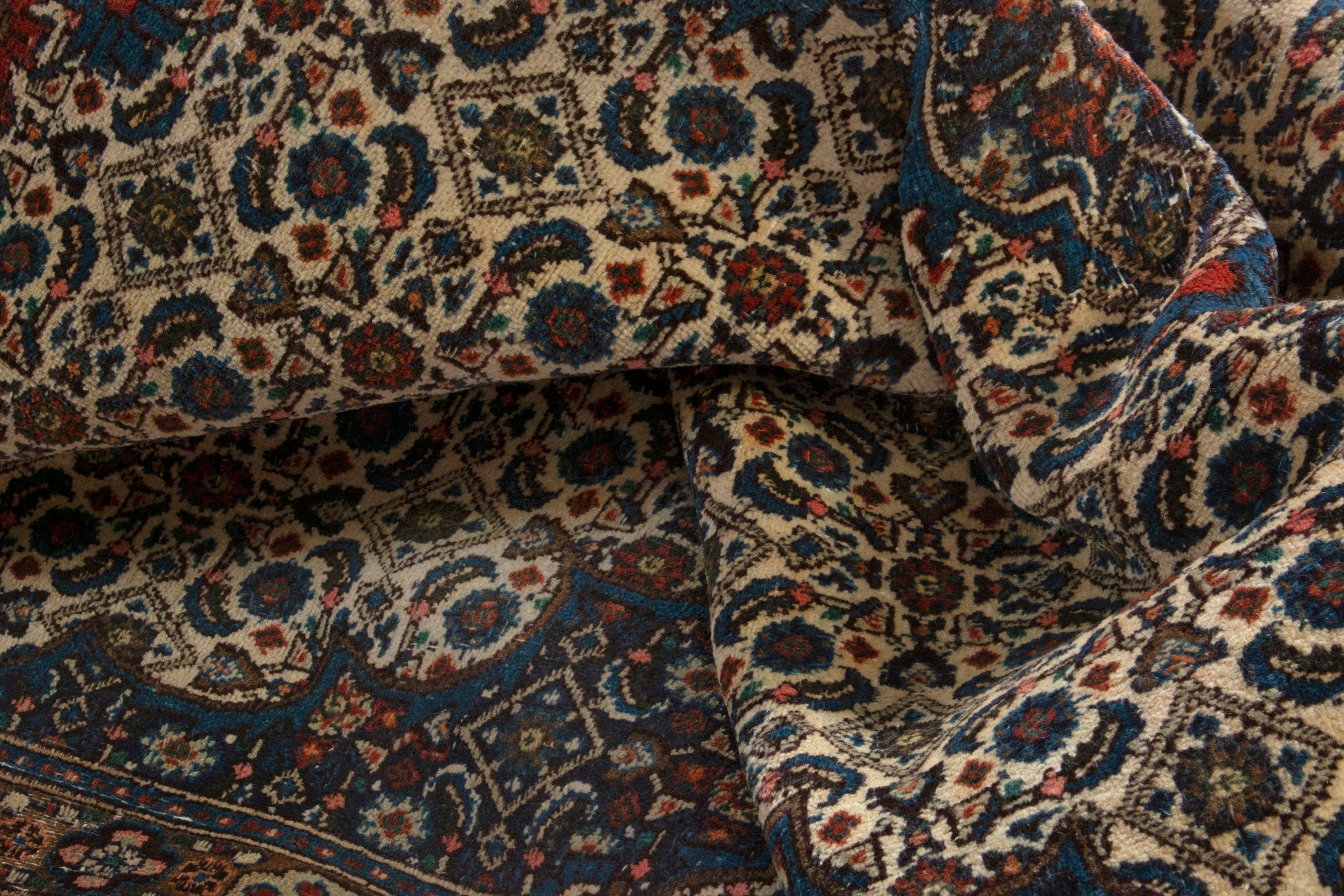 Persian Birjand area rug in ivory and navy, view 16 of 18