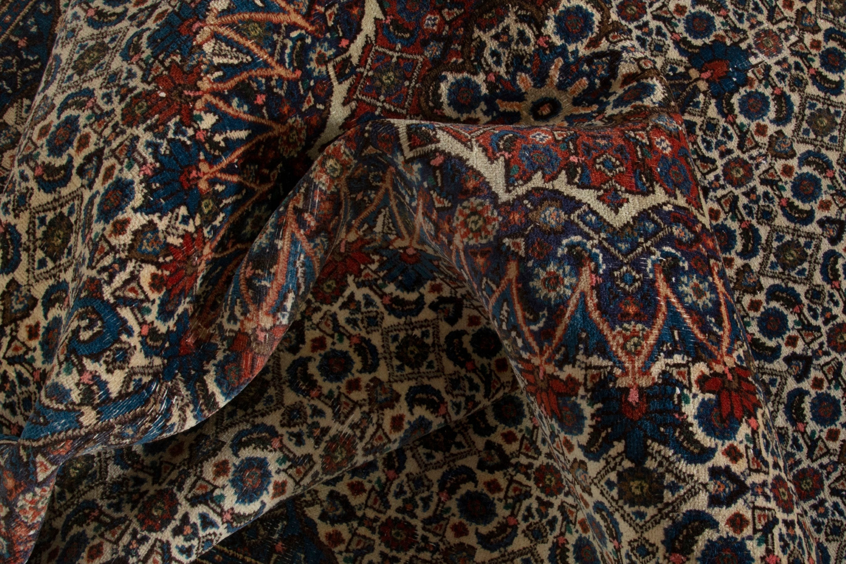 Persian Birjand area rug in ivory and navy, view 17 of 18