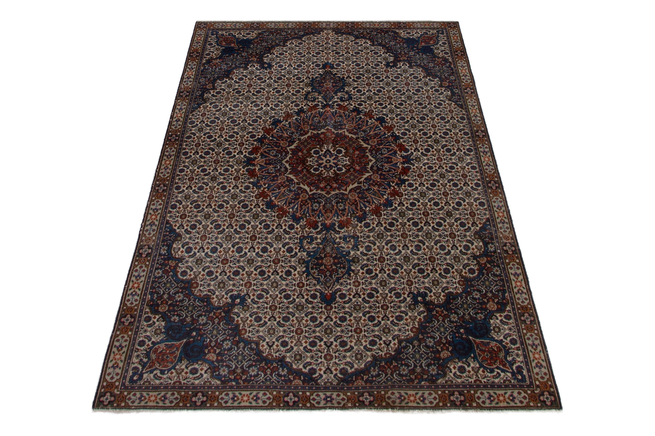 Persian Birjand area rug in ivory and navy, view 2 of 18