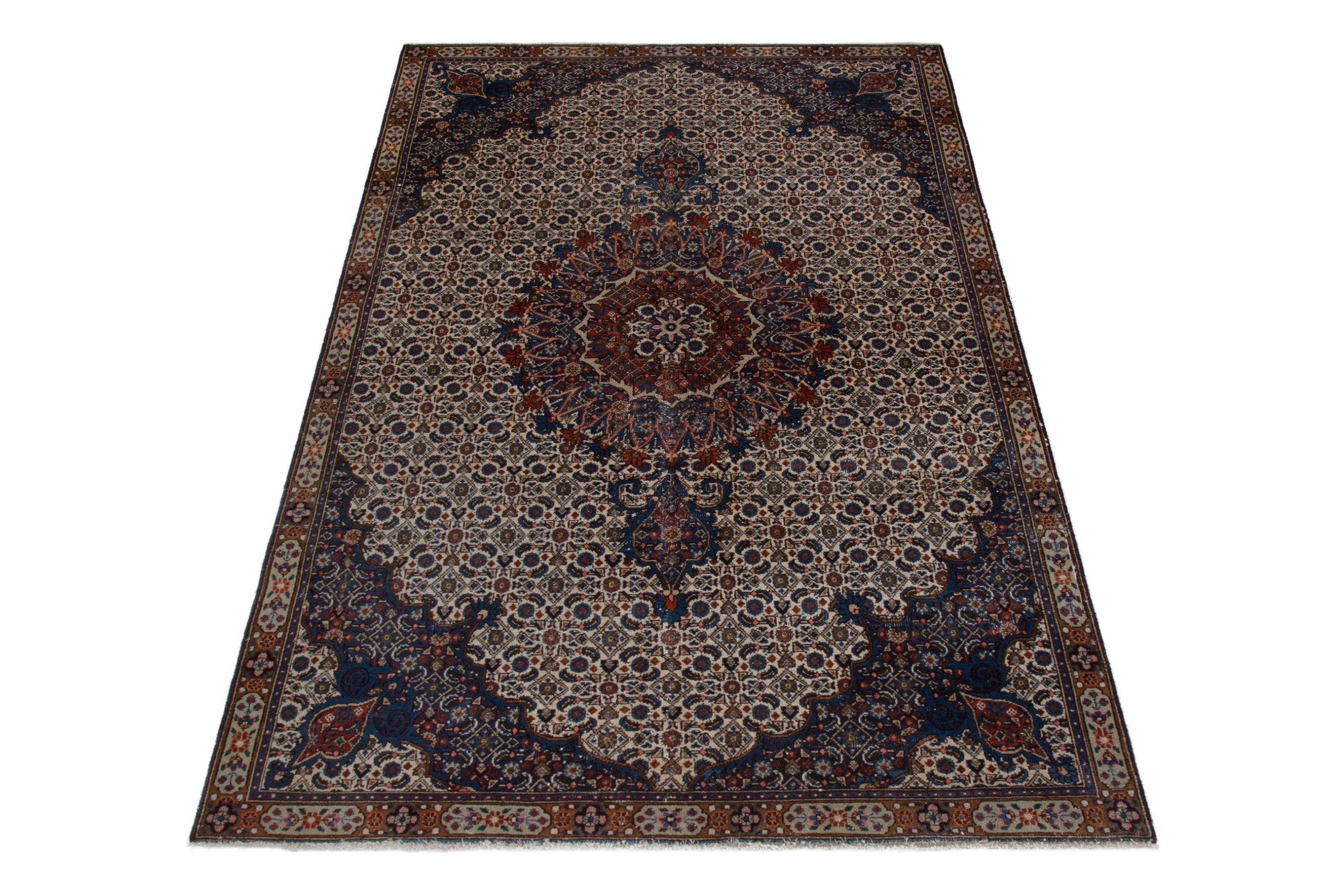 Persian Birjand area rug in ivory and navy, view 3 of 18