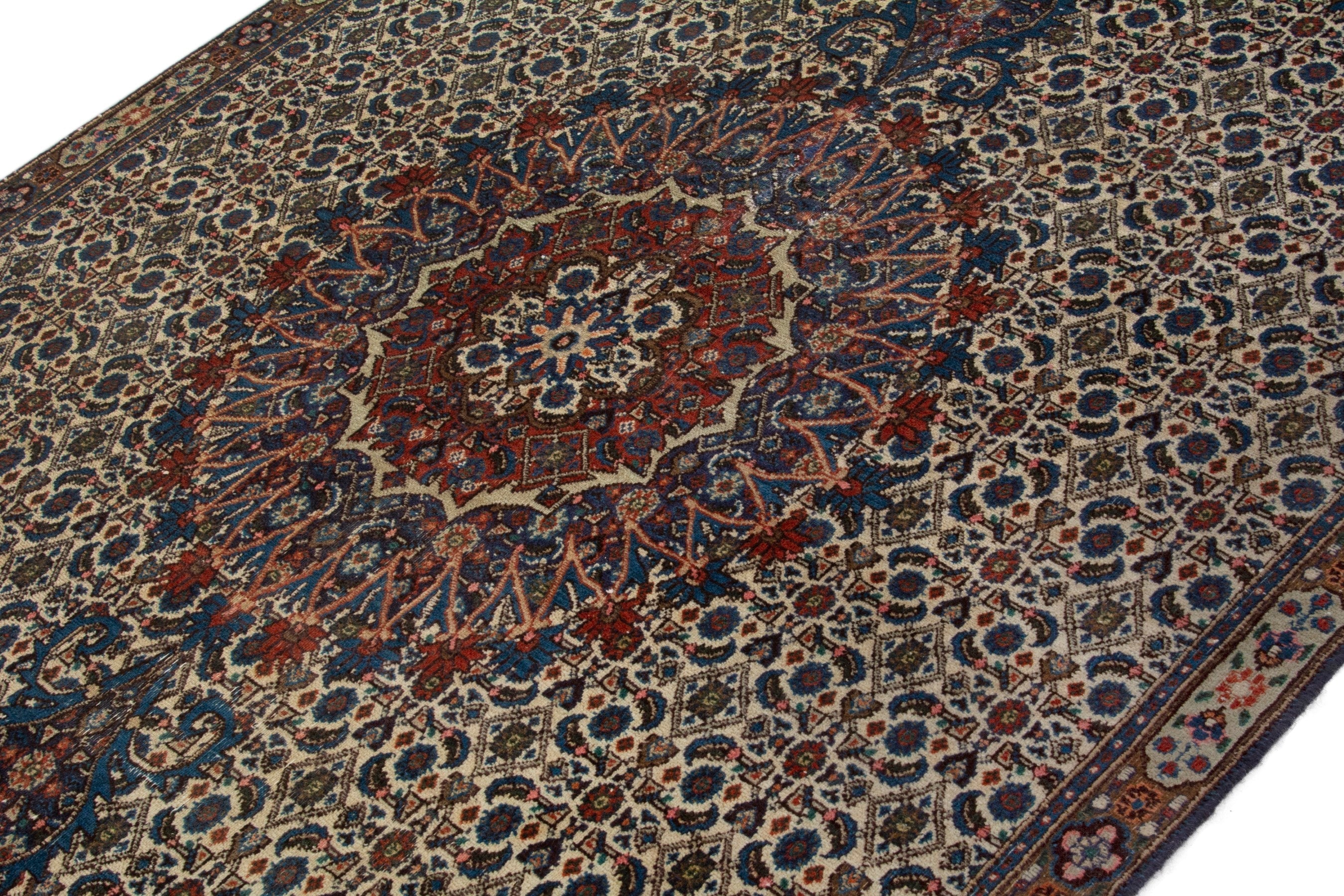 Persian Birjand area rug in ivory and navy, view 4 of 18