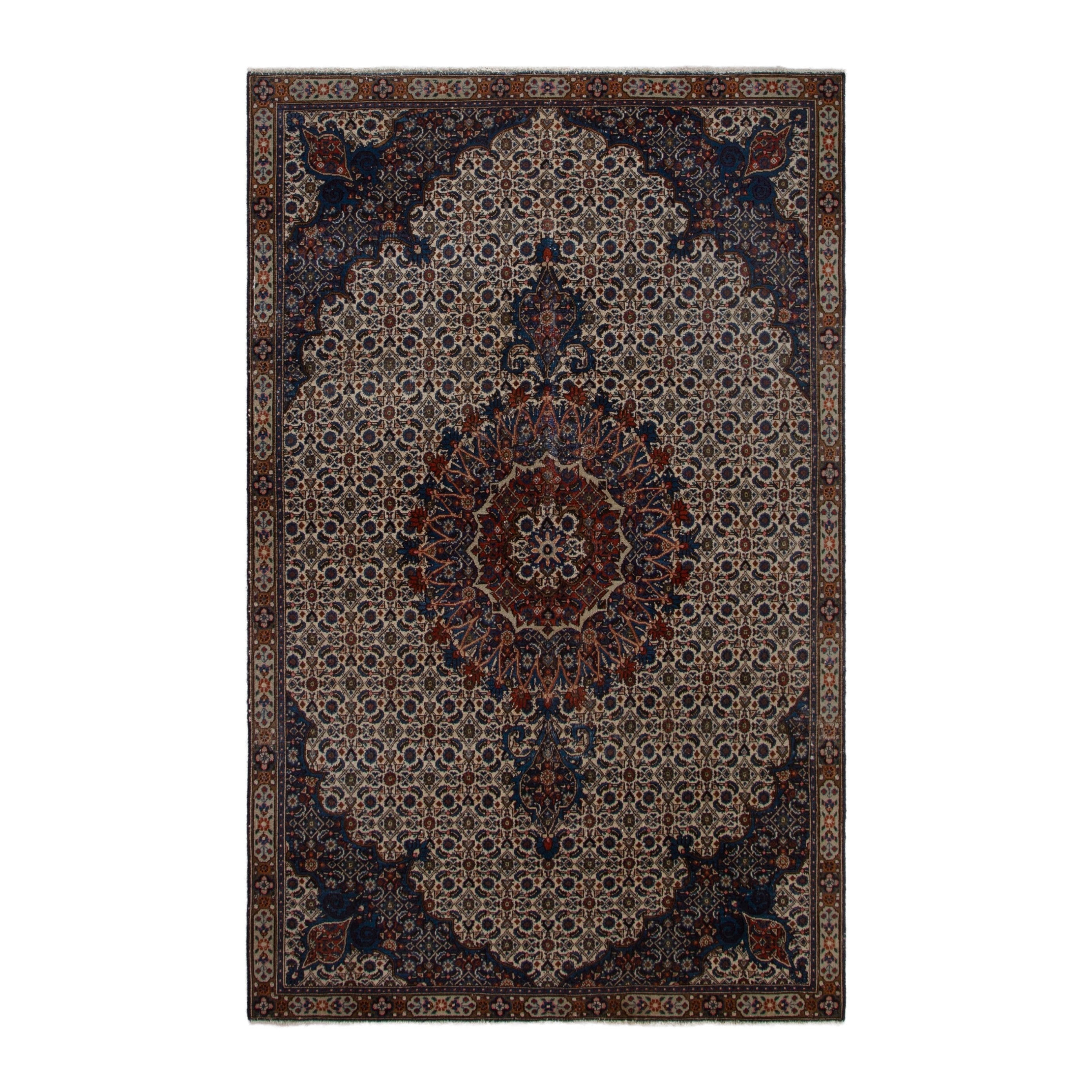 Persian Birjand area rug in ivory and navy, 5'2" x 8'5"
