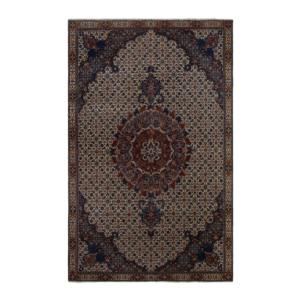 Persian Birjand area rug in ivory and navy, 5'2" x 8'5"