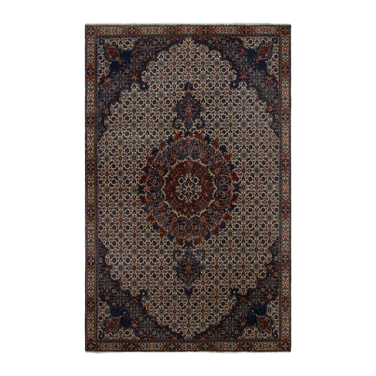 Persian Birjand area rug in ivory and navy, 5'2" x 8'5"
