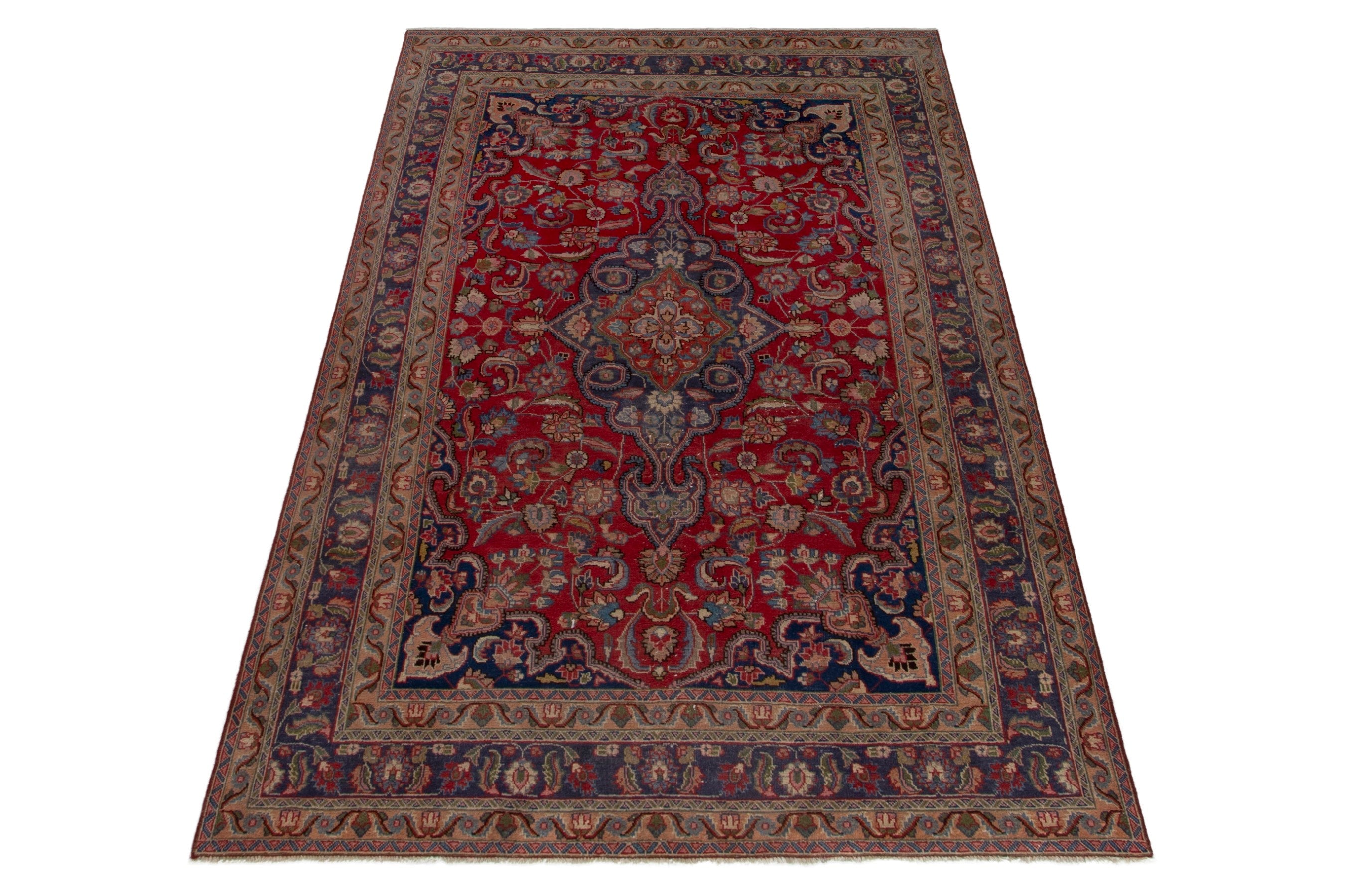 Persian Sabzevar area rug in deep red and dark blue, view 3 of 20