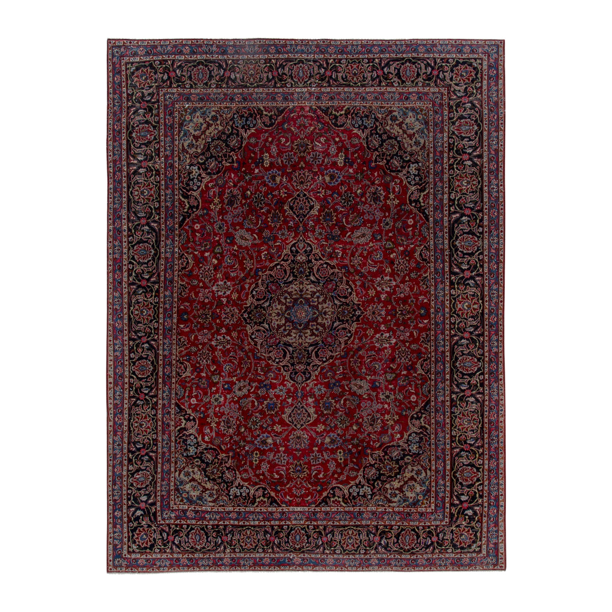 Persian Mashhad oversized rug in deep red and charcoal, 10' x 13'1"