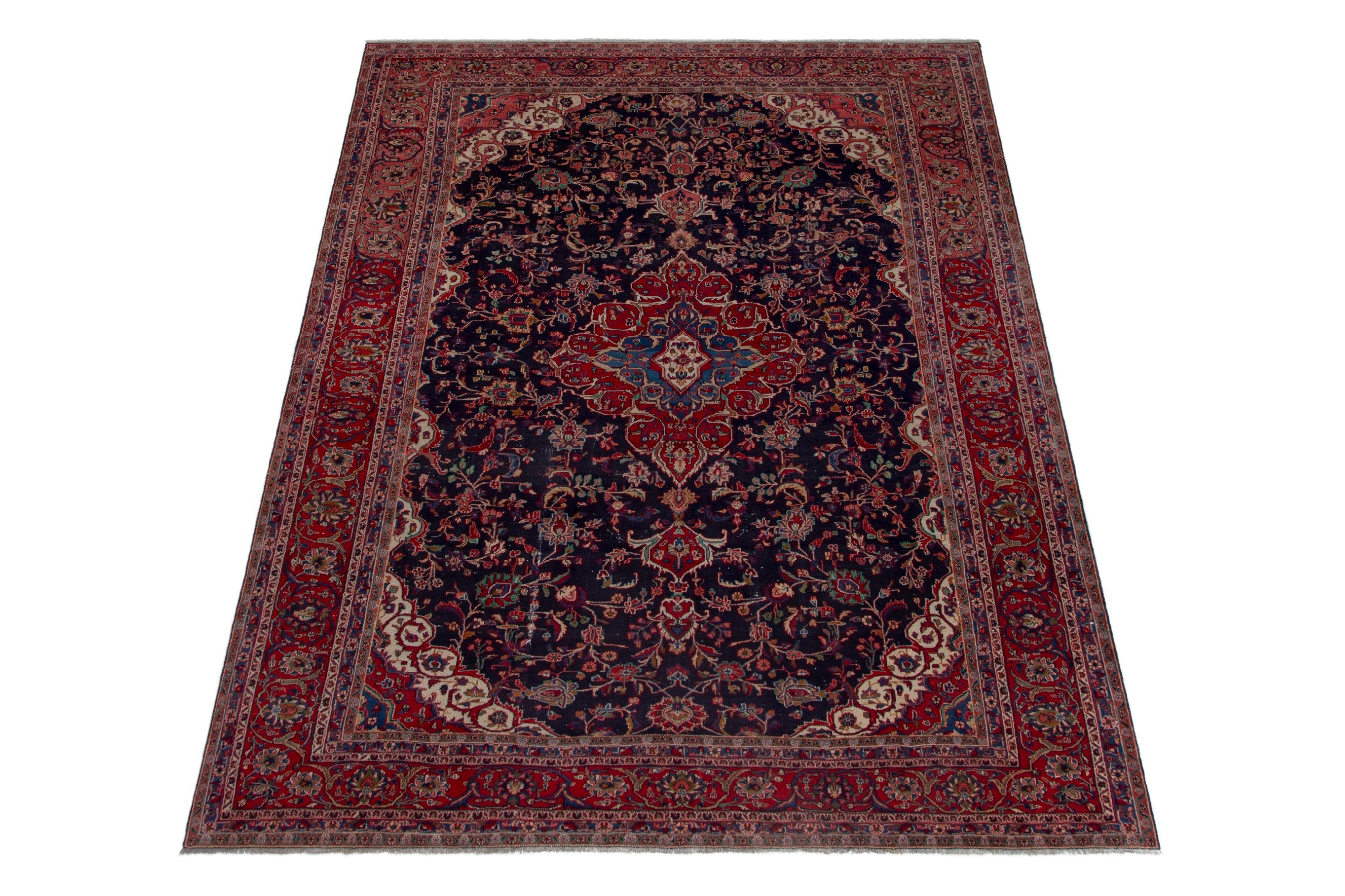 Persian Hamedan oversized rug in navy and deep red, view 2 of 18