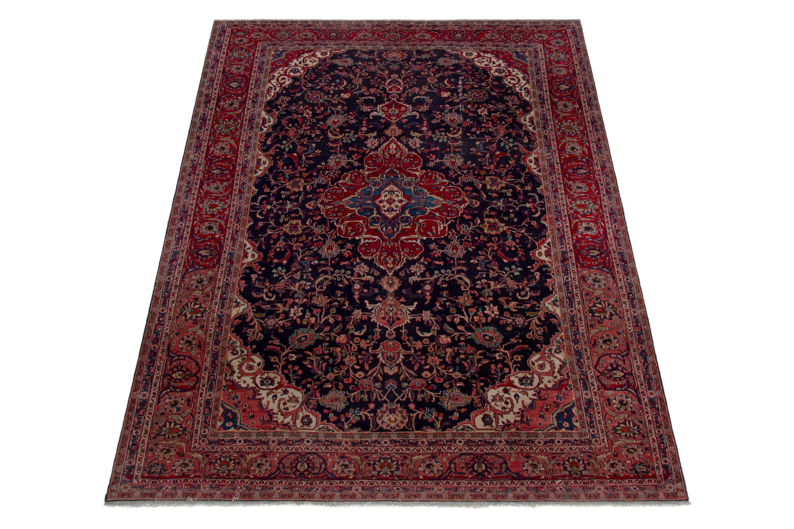 Persian Hamedan oversized rug in navy and deep red, view 3 of 18