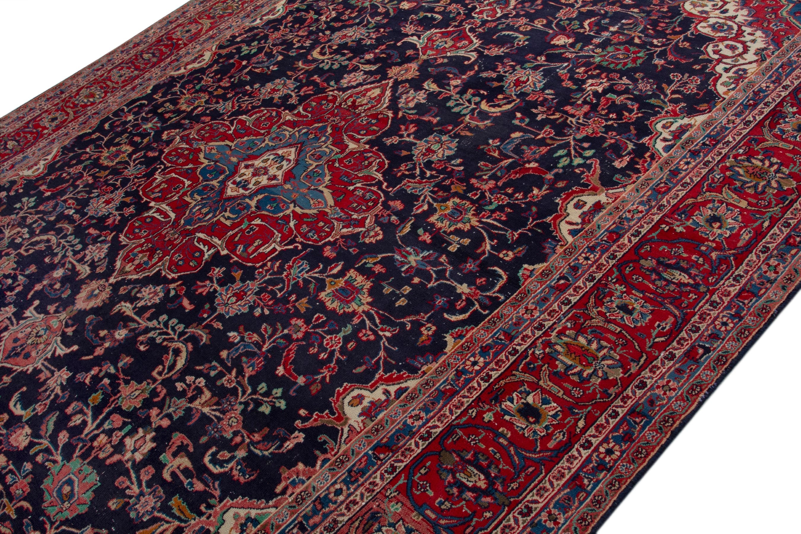 Persian Hamedan oversized rug in navy and deep red, view 4 of 18