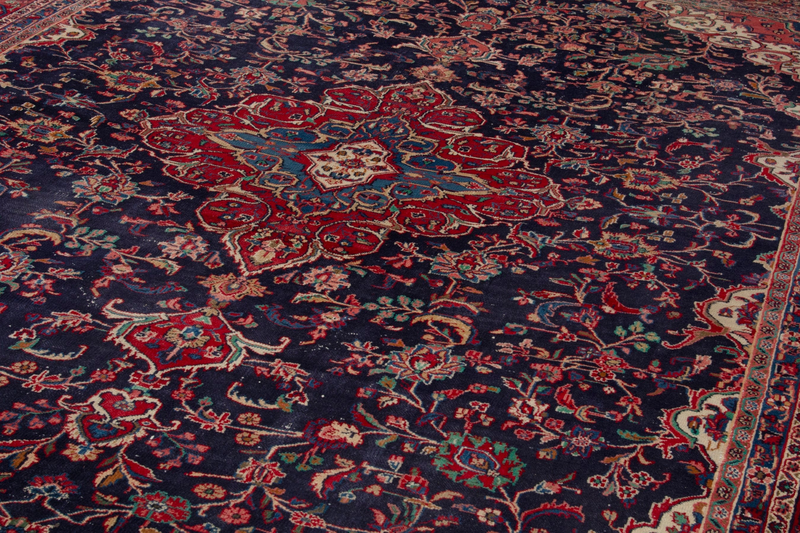 Persian Hamedan oversized rug in navy and deep red, view 9 of 18