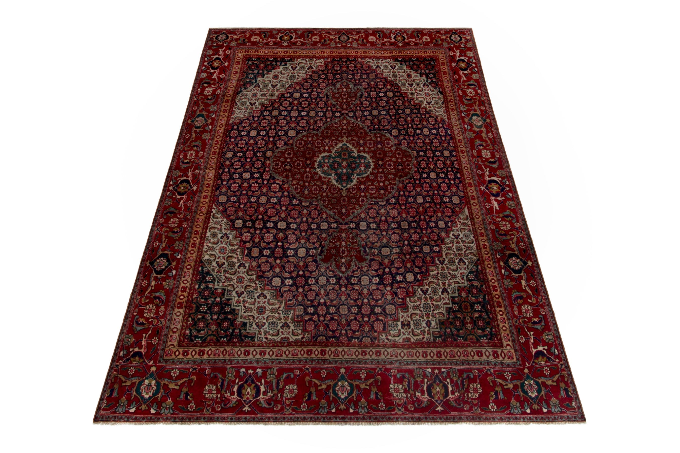 Persian Tabriz oversized rug in deep red and dark blue, view 2 of 18