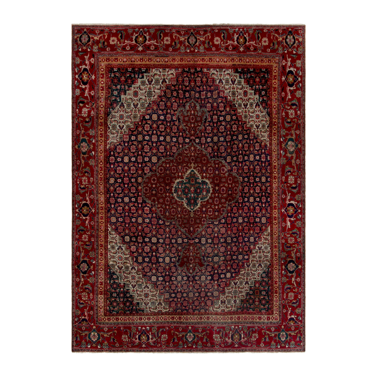 Persian Tabriz oversized rug in deep red and dark blue, 7'7" x 10'11"
