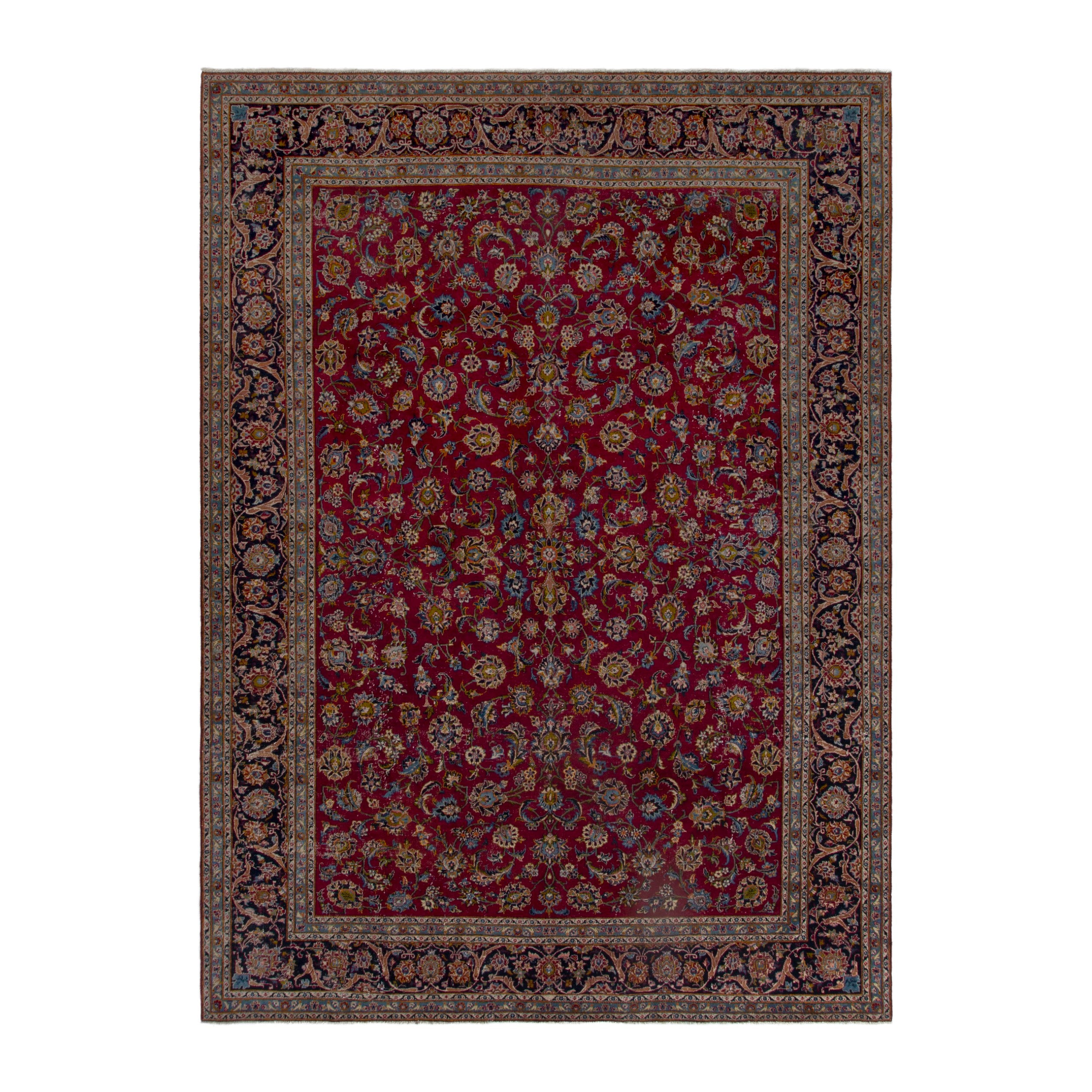Persian Kashan oversized rug in deep red and dark brown, 9'11" x 13'3"