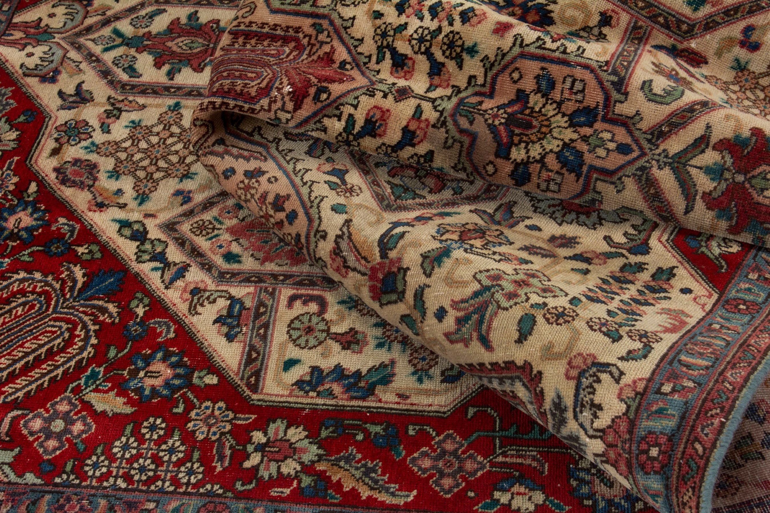Persian Tabriz area rug in cream and deep red, view 15 of 18