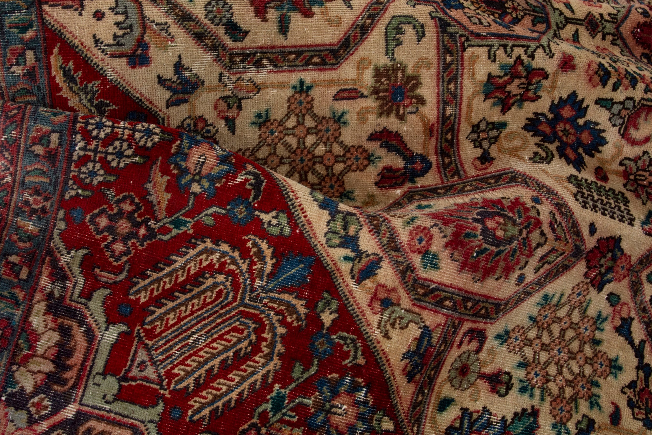 Persian Tabriz area rug in cream and deep red, view 16 of 18