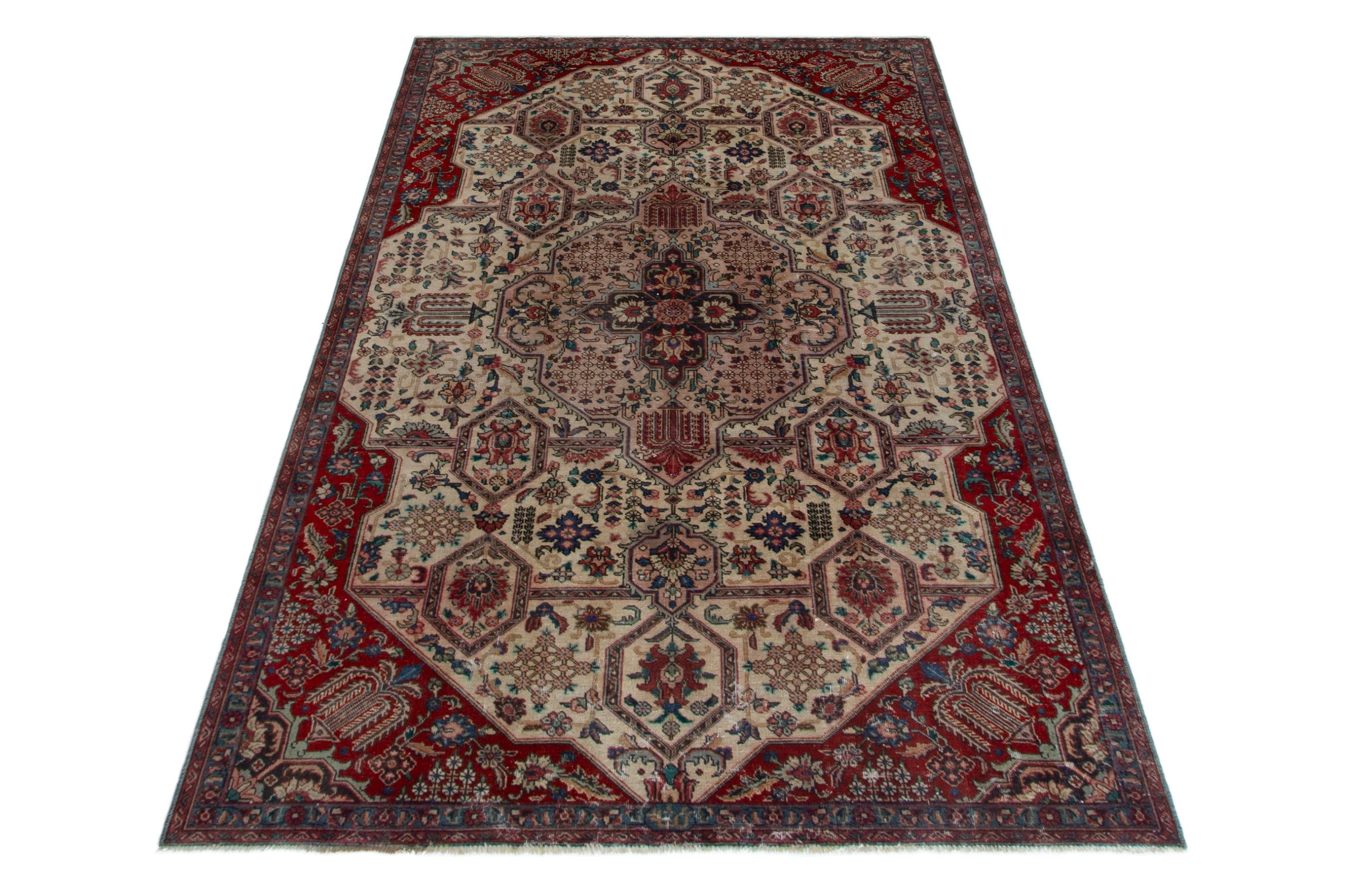 Persian Tabriz area rug in cream and deep red, view 2 of 18