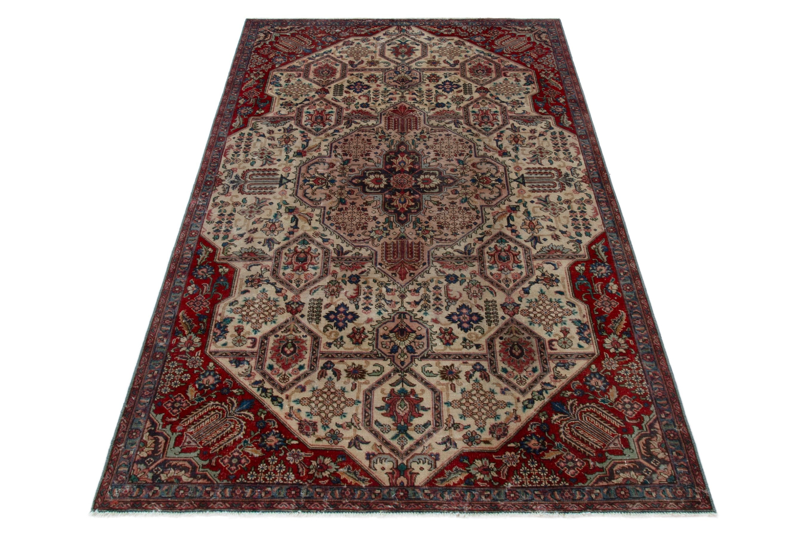 Persian Tabriz area rug in cream and deep red, view 3 of 18