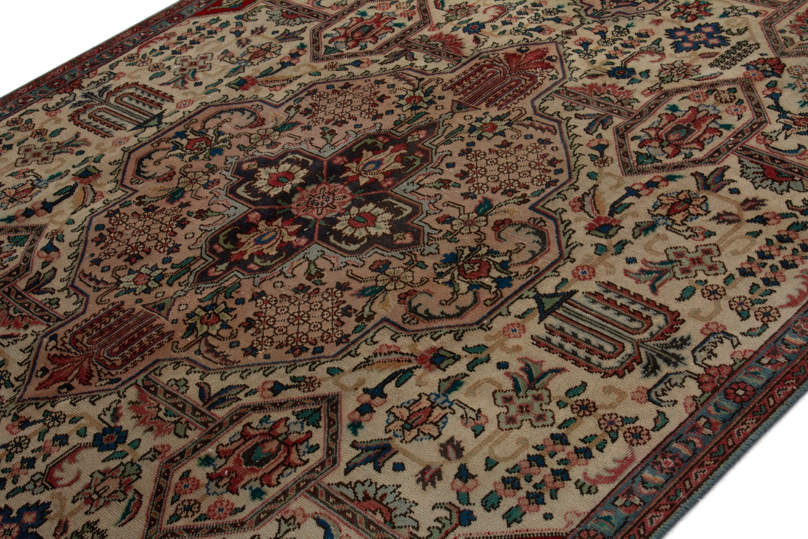 Persian Tabriz area rug in cream and deep red, view 4 of 18