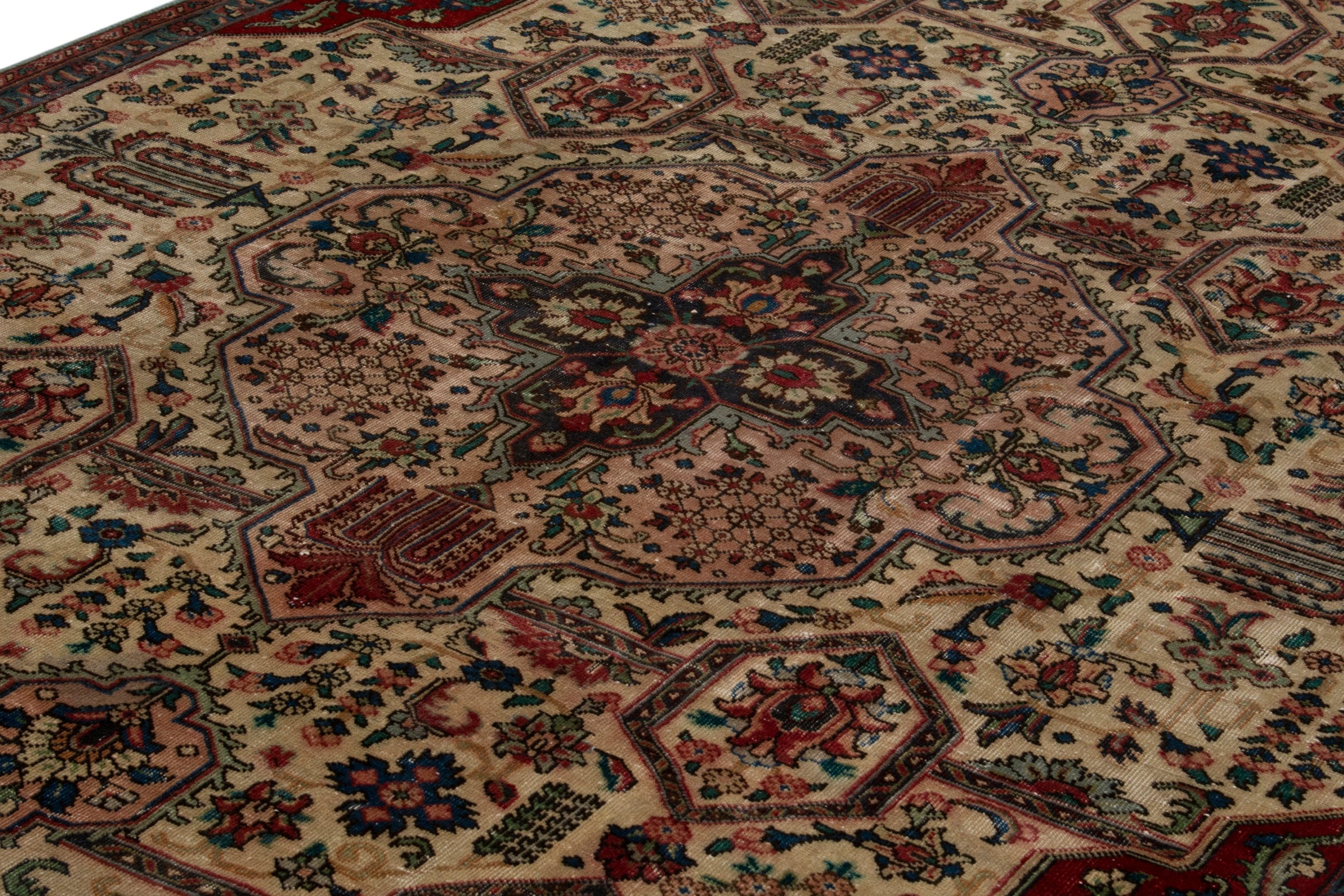 Persian Tabriz area rug in cream and deep red, view 9 of 18