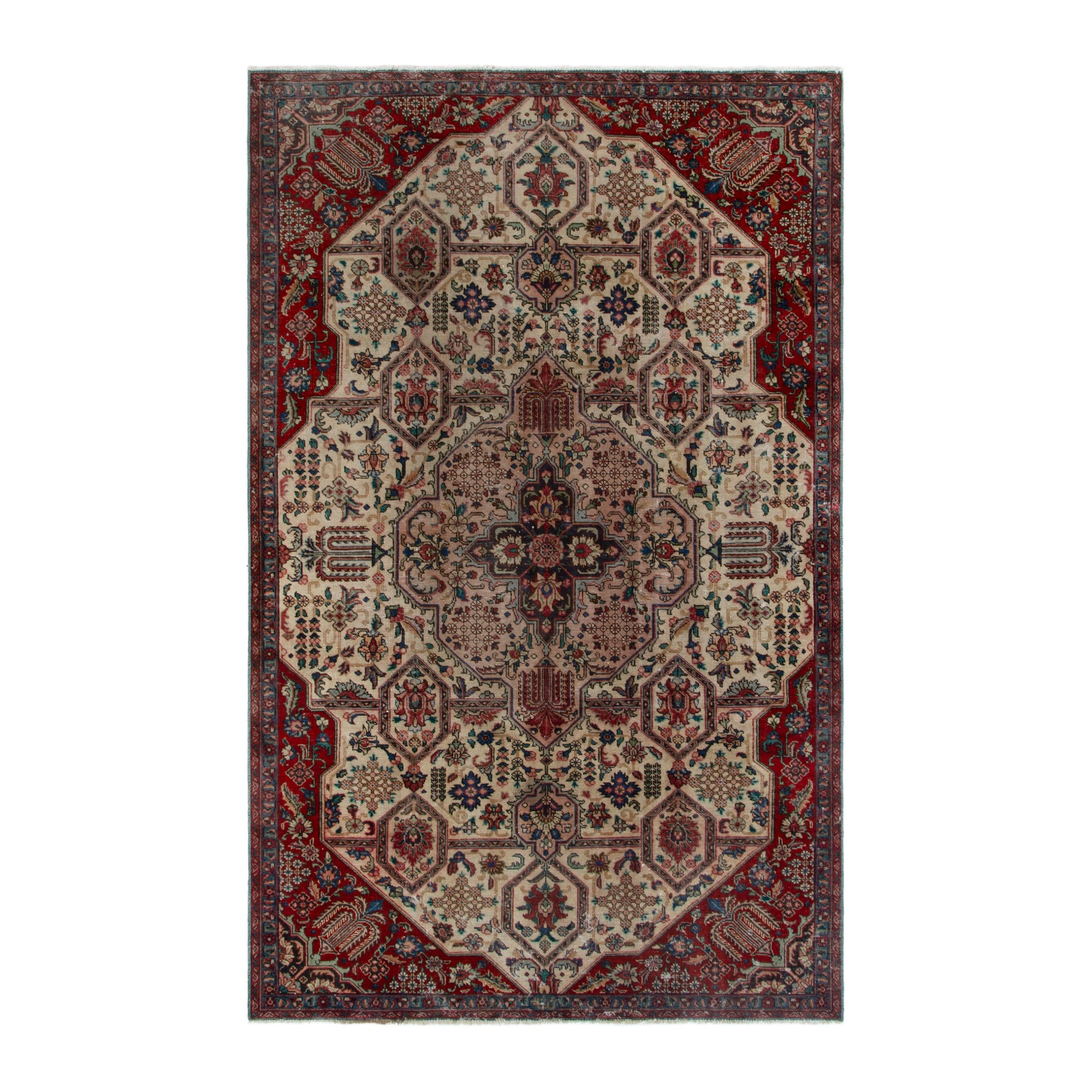 Persian Tabriz area rug in cream and deep red, 5'8" x 9'2"