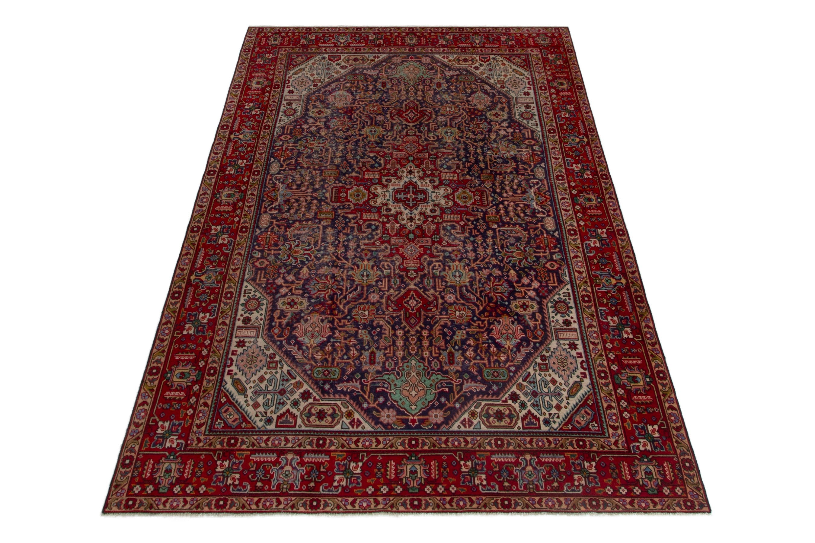 Persian Tabriz area rug in deep indigo and burgundy, view 2 of 18