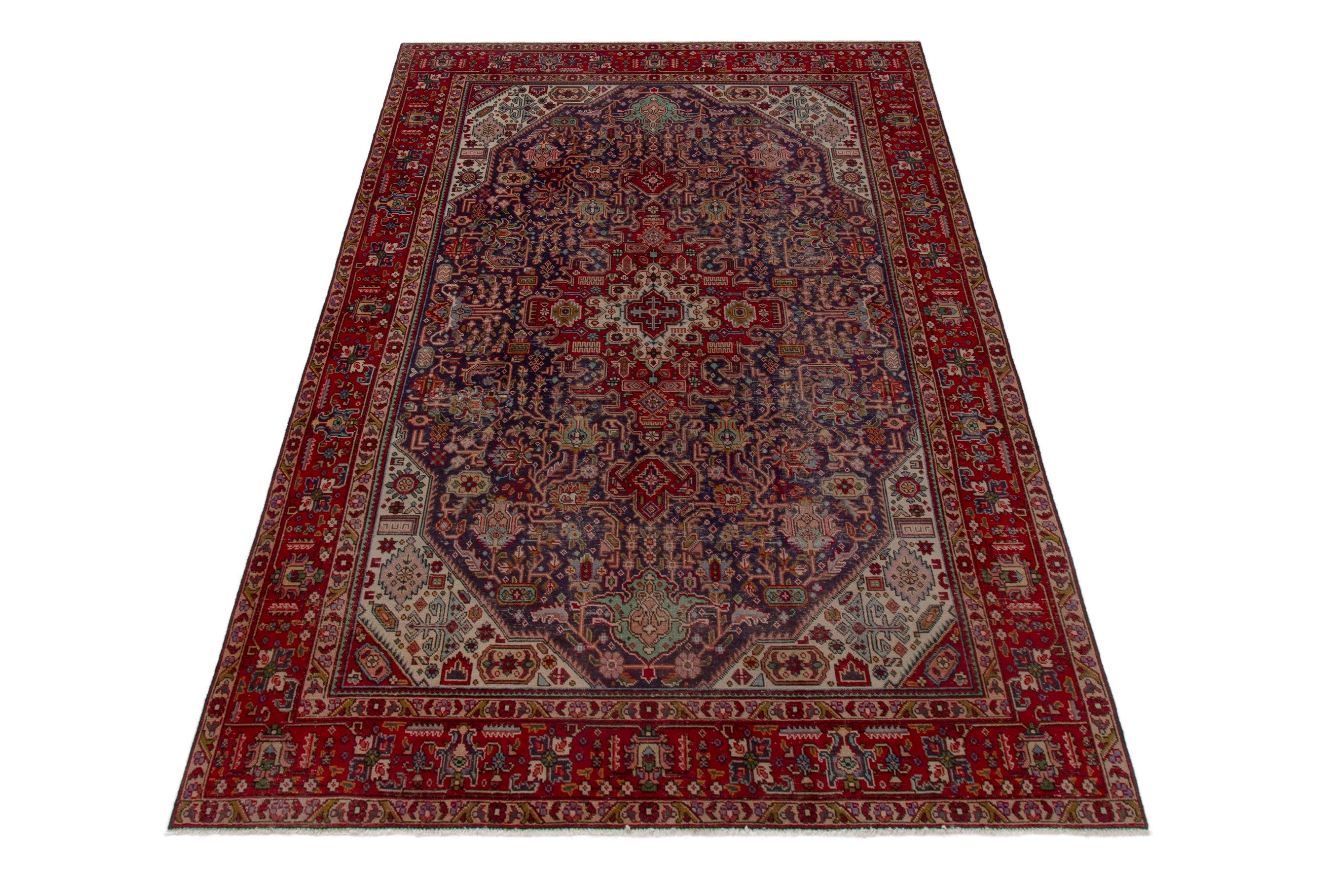 Persian Tabriz area rug in deep indigo and burgundy, view 3 of 18