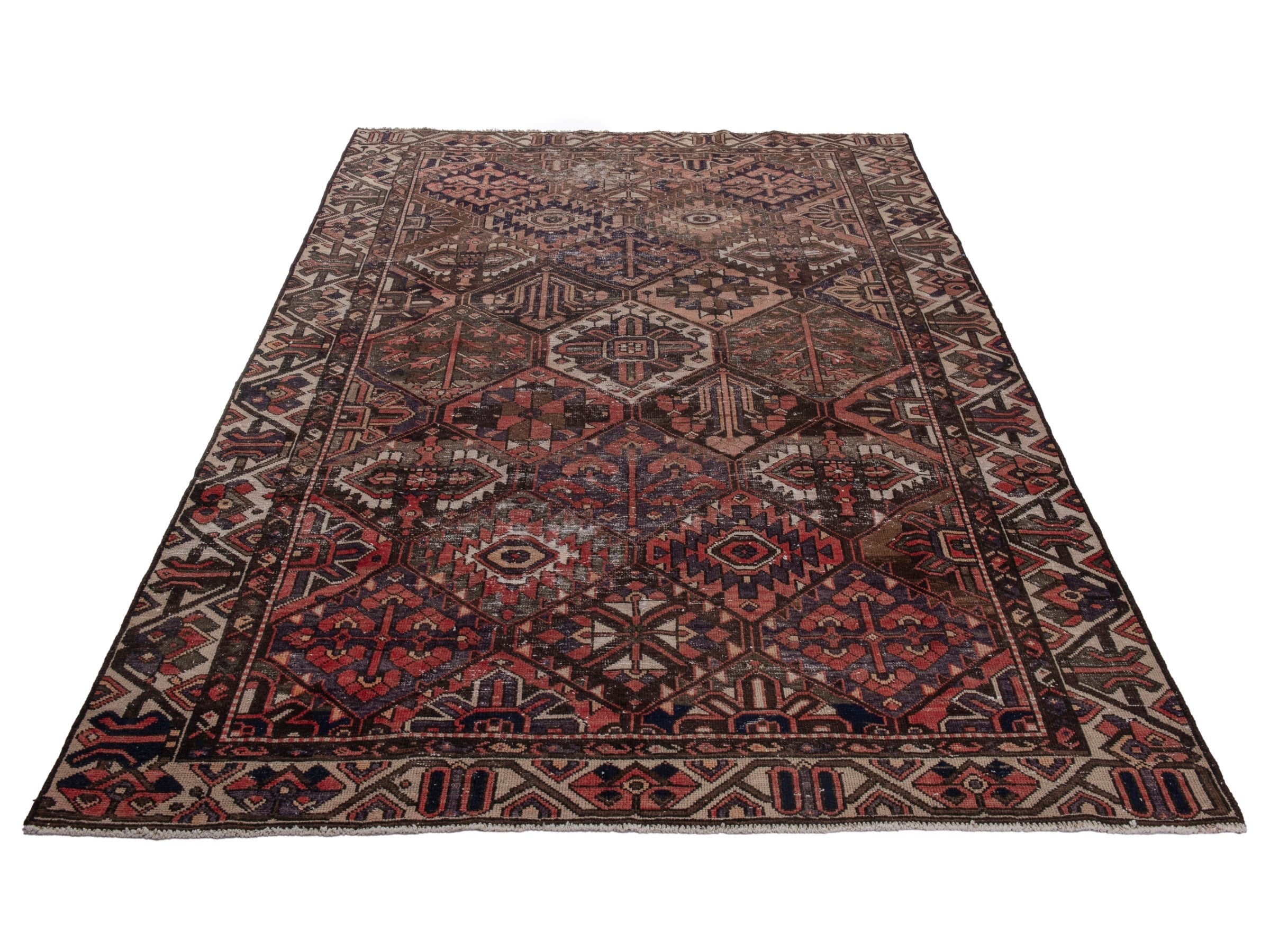 Persian Bakhtiari area rug in terracotta and charcoal, view 3 of 18