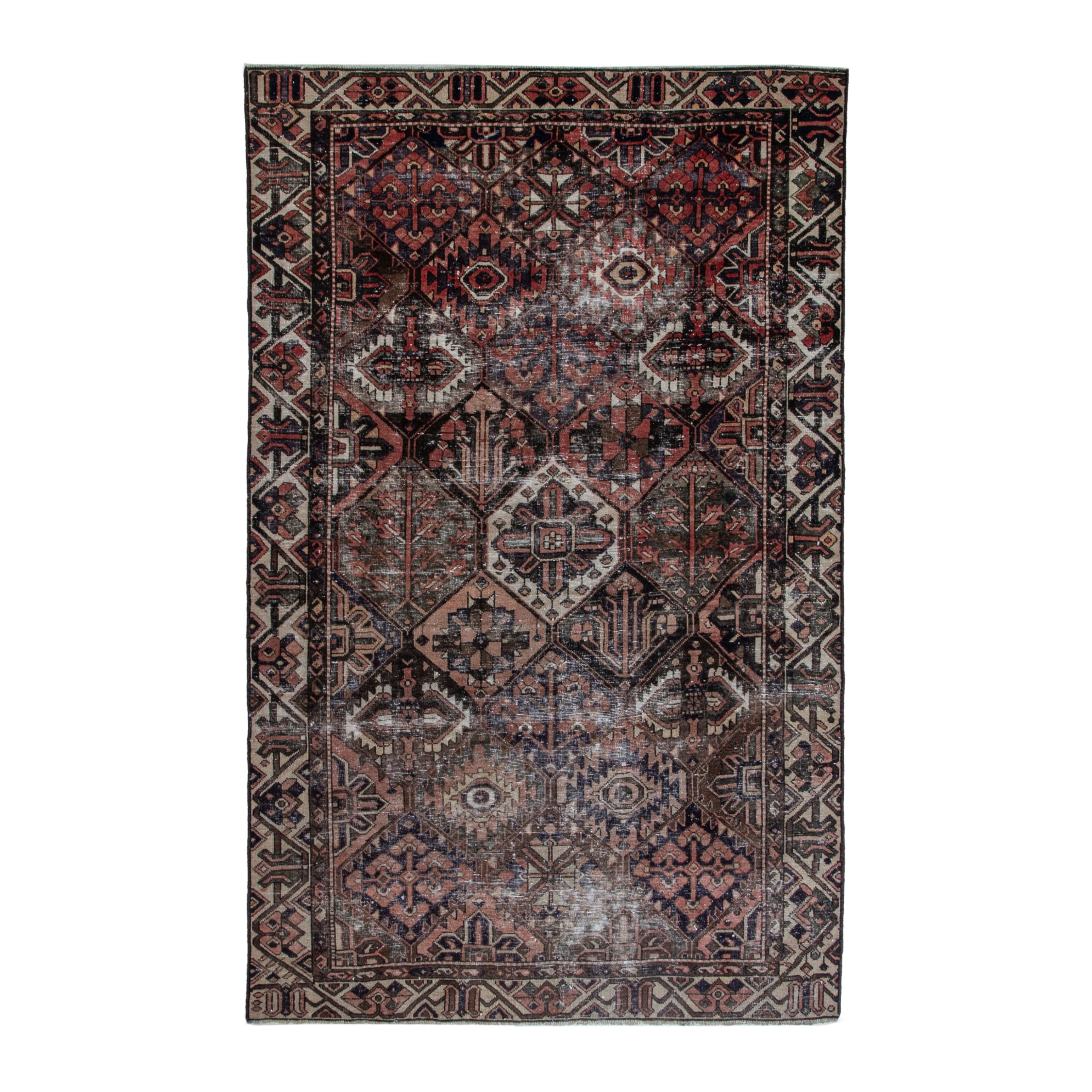 Persian Bakhtiari area rug in terracotta and charcoal, 6'5" x 9'9"