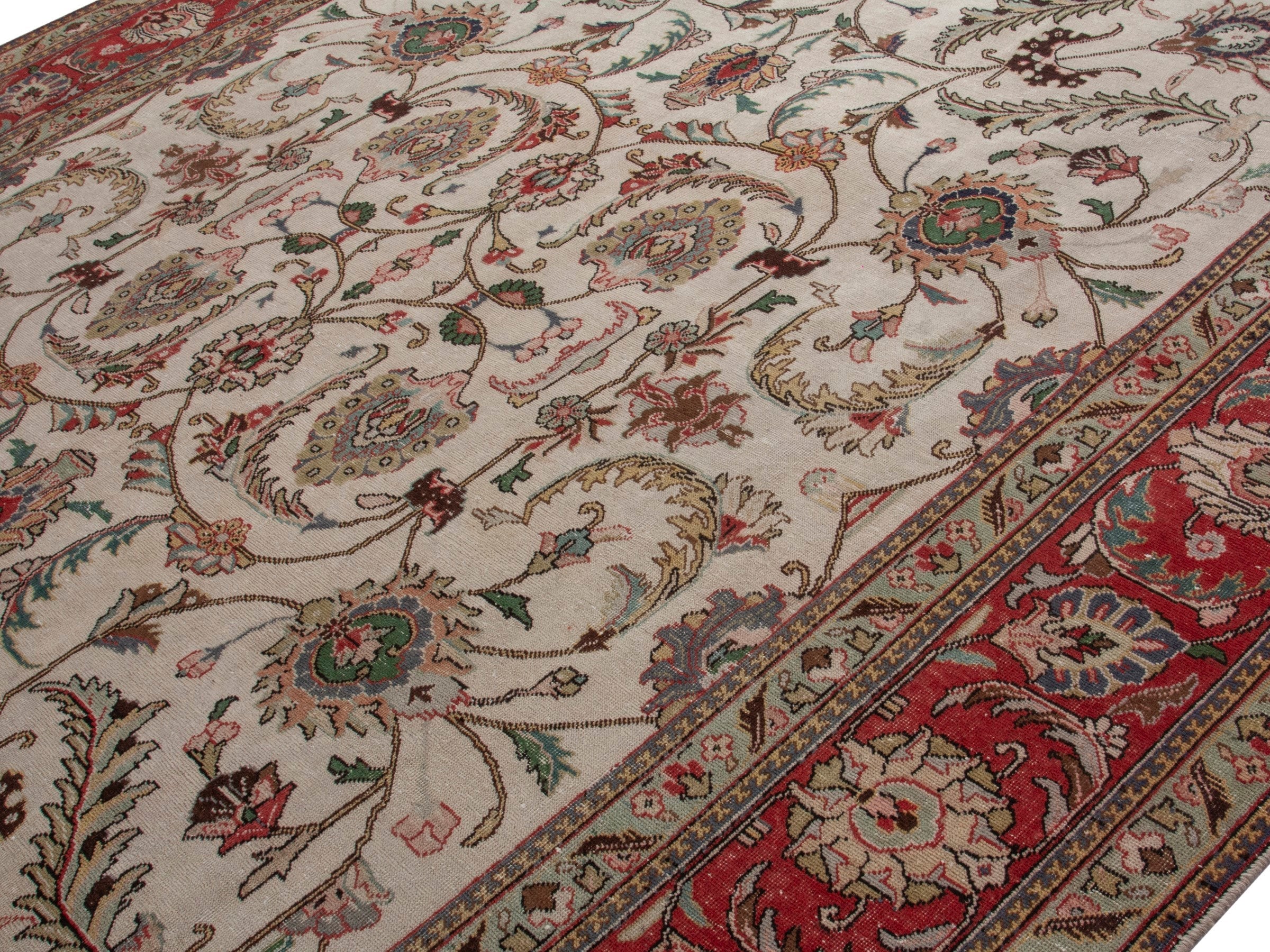 Persian Tabriz oversized rug in ivory and burgundy, view 4 of 18