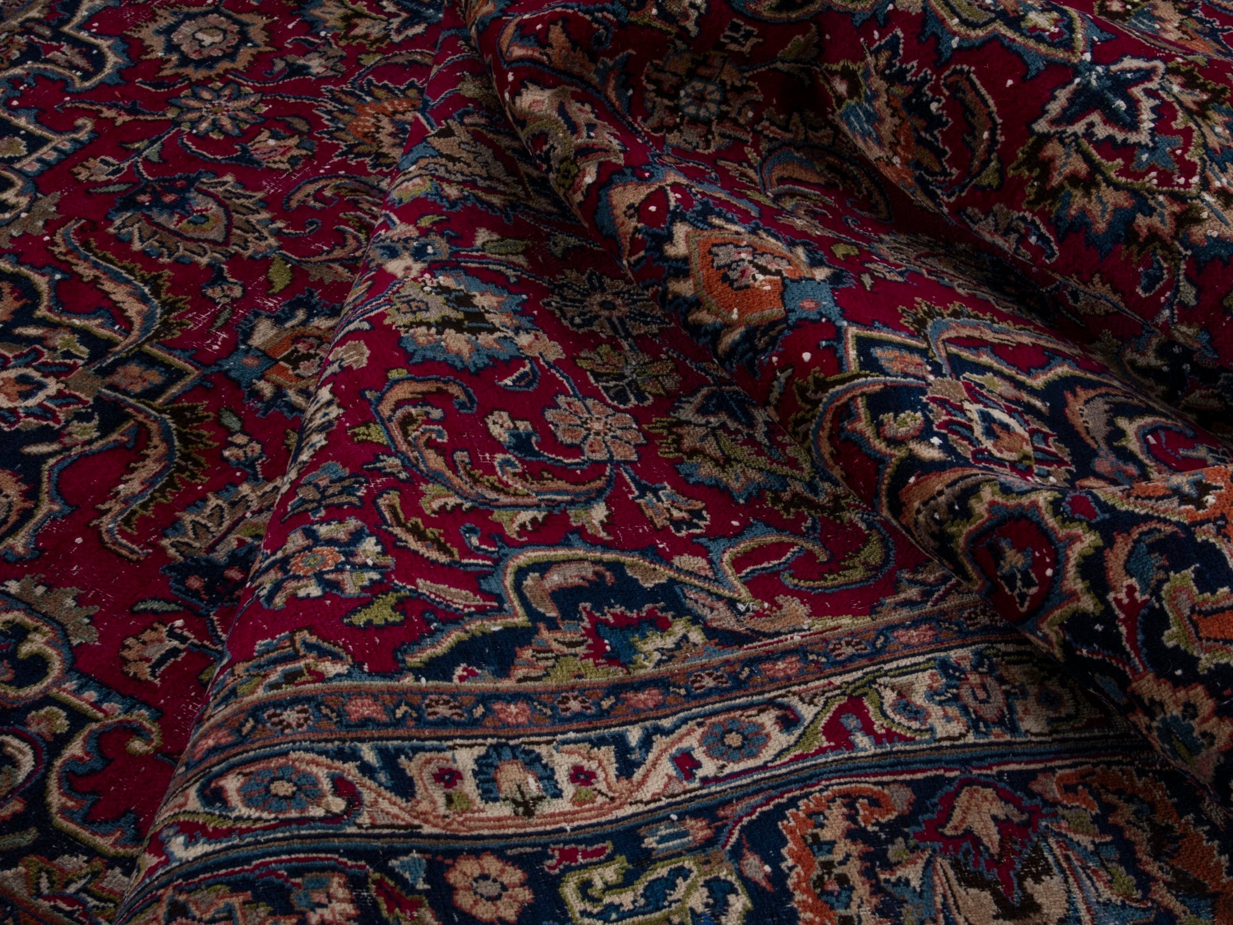 Persian Mashhad oversized rug in burgundy and navy, view 14 of 17