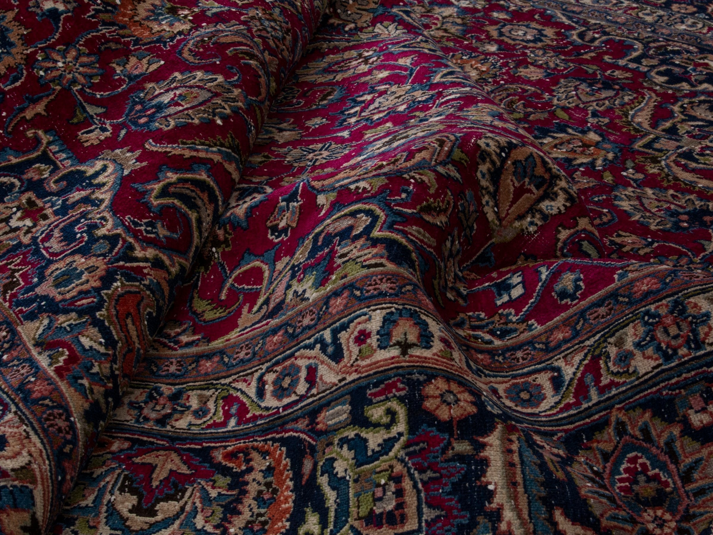 Persian Mashhad oversized rug in burgundy and navy, view 16 of 17